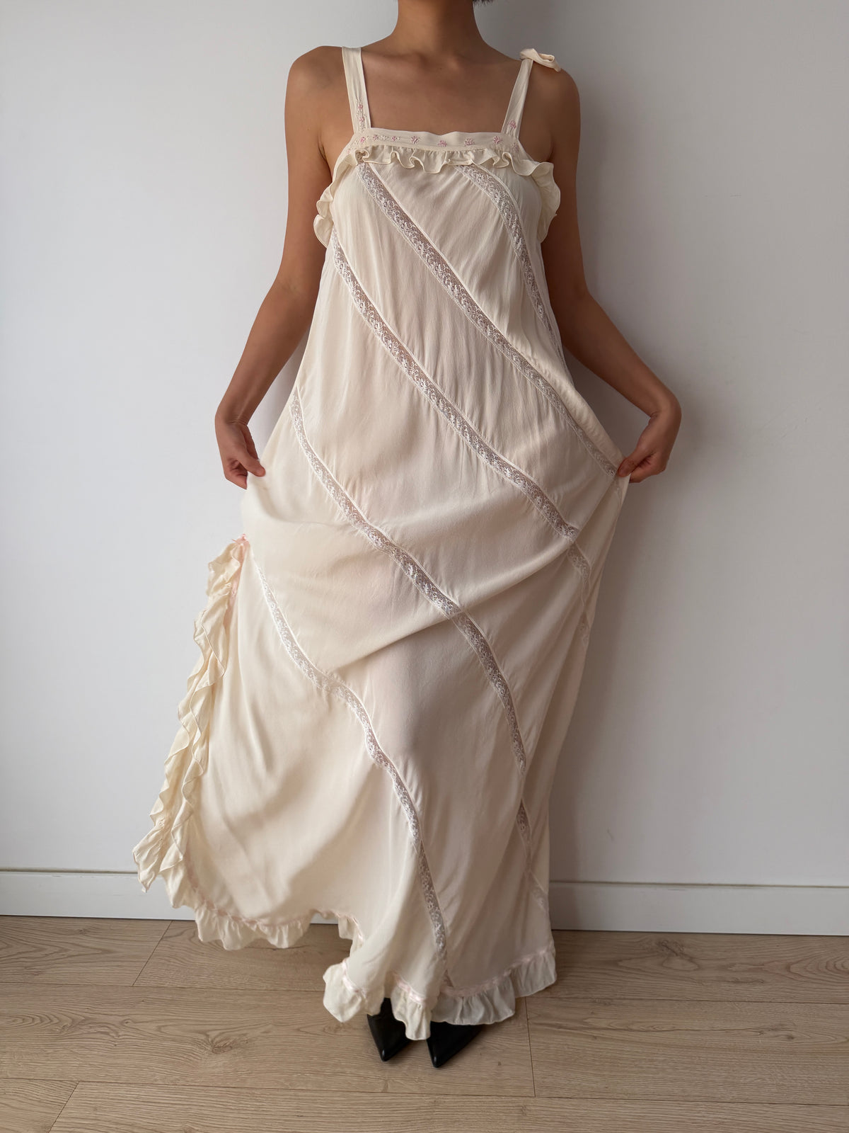 Vintage Florentine Pure Silk Ruffled Lace Bridal Nightgown, Embroidered Vintage Maxi Dress