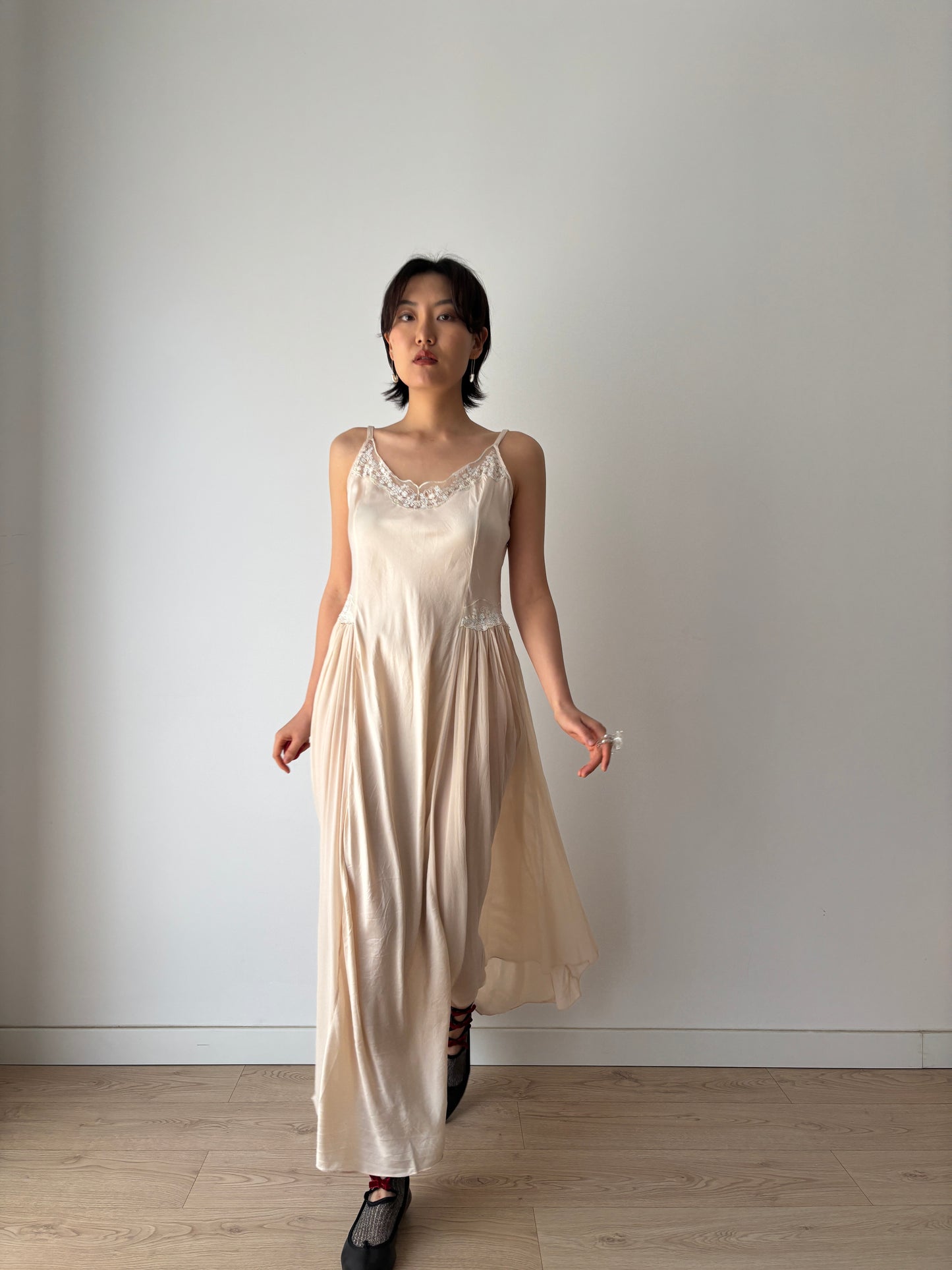 Vintage 90s Y2K romantic floral ballet pure silk pink bridal slip maxi dress