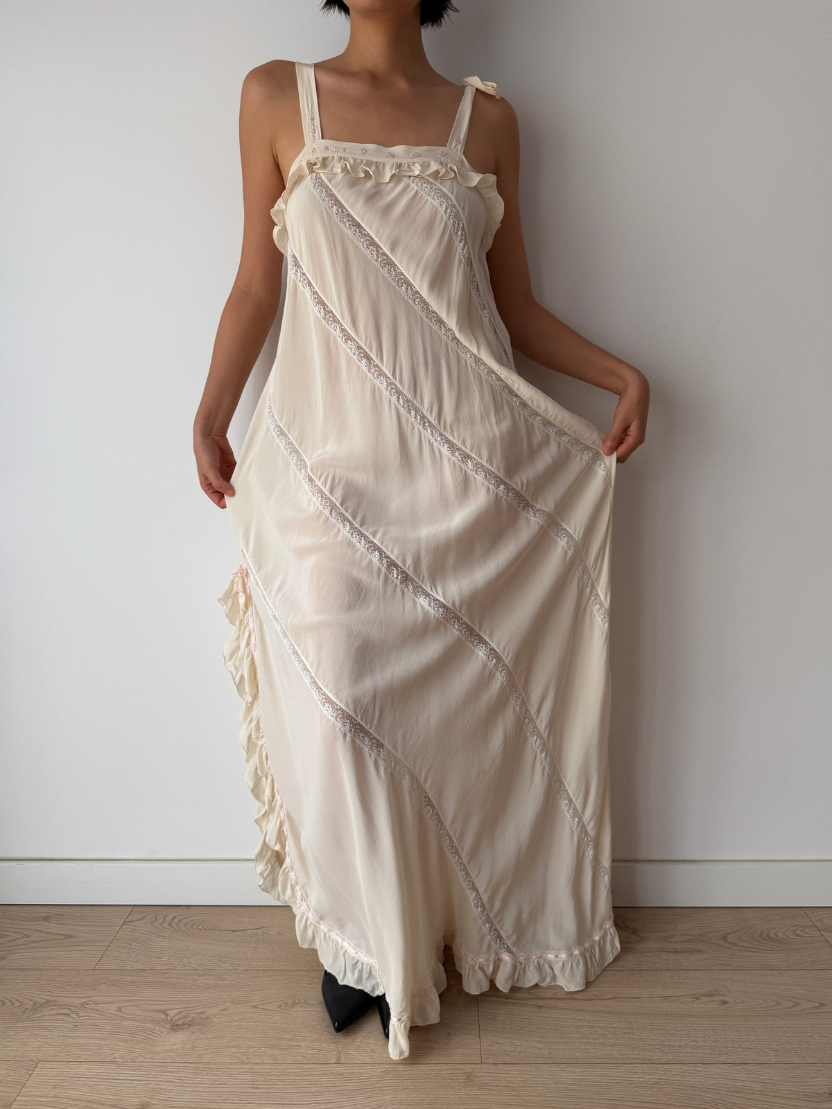 Vintage Florentine Pure Silk Ruffled Lace Bridal Nightgown, Embroidered Vintage Maxi Dress