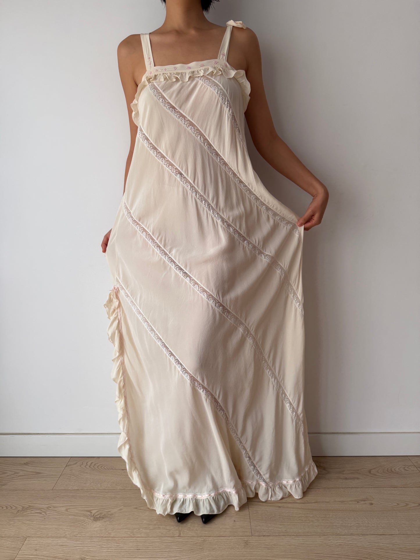 Vintage Florentine Pure Silk Ruffled Lace Bridal Nightgown, Embroidered Vintage Maxi Dress