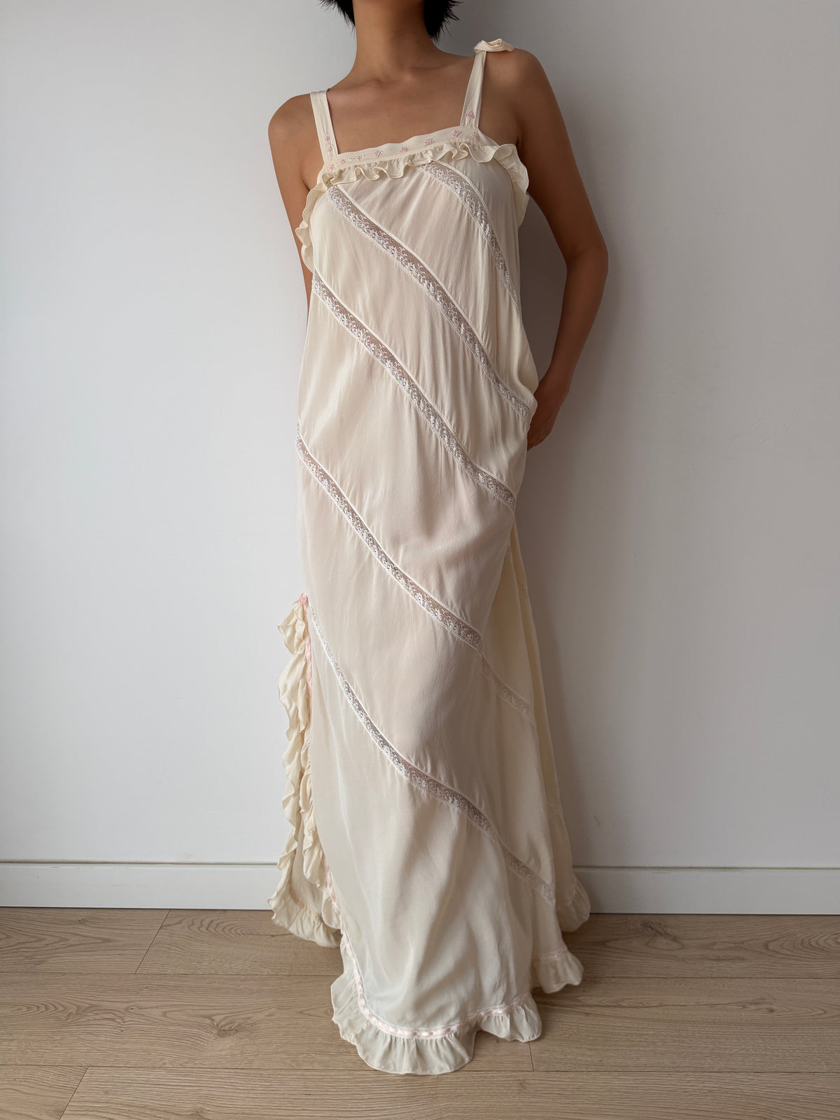 Vintage Florentine Pure Silk Ruffled Lace Bridal Nightgown, Embroidered Vintage Maxi Dress