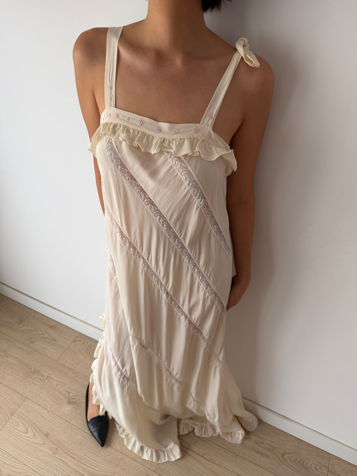 Vintage Florentine Pure Silk Ruffled Lace Bridal Nightgown, Embroidered Vintage Maxi Dress
