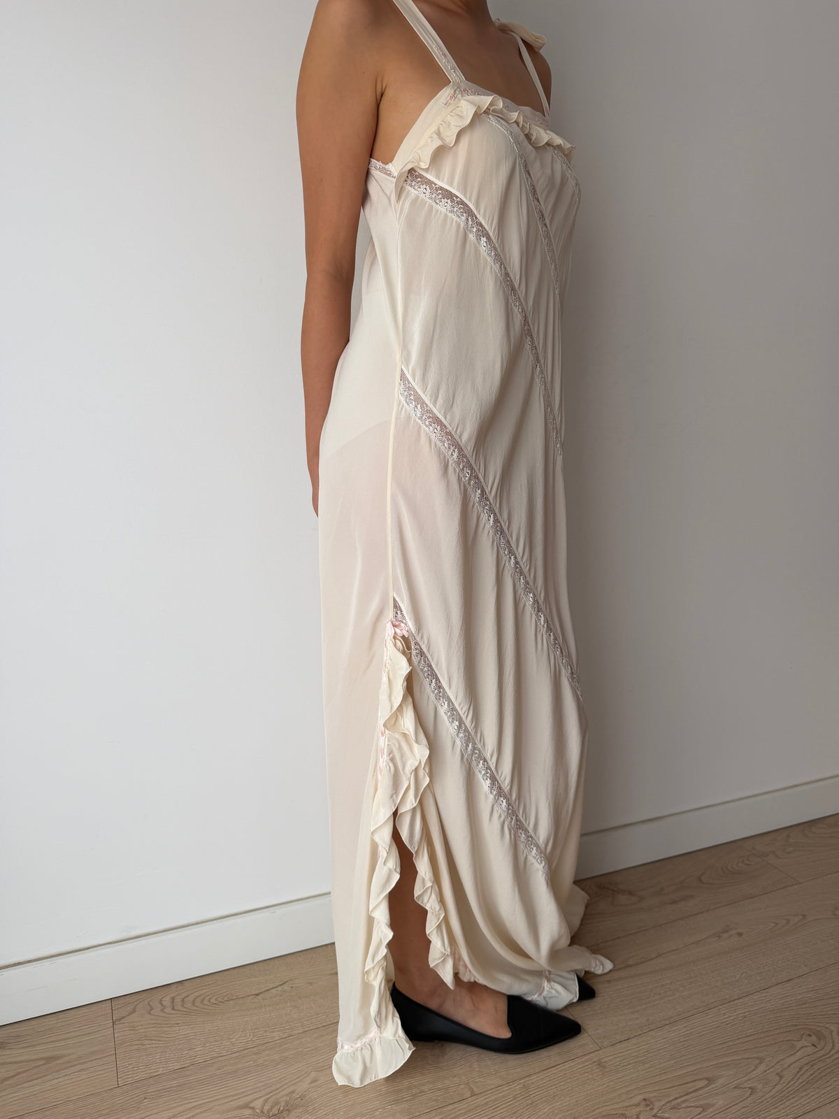 Vintage Florentine Pure Silk Ruffled Lace Bridal Nightgown, Embroidered Vintage Maxi Dress