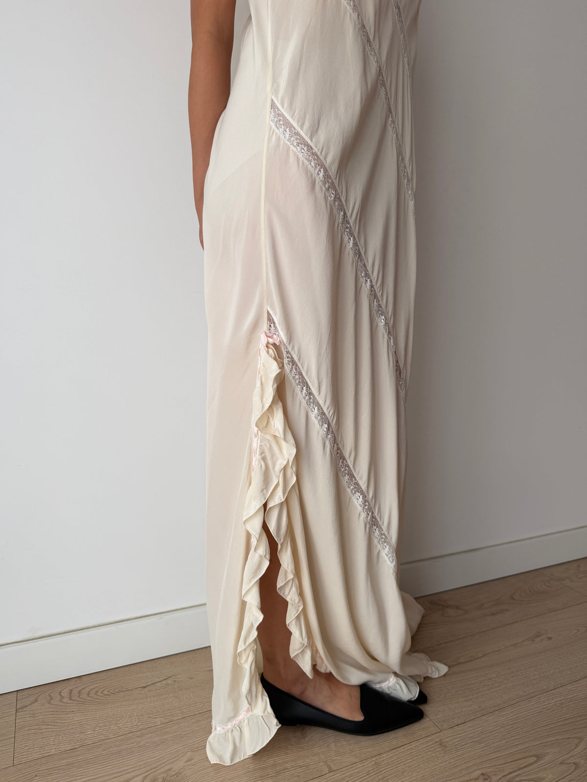 Vintage Florentine Pure Silk Ruffled Lace Bridal Nightgown, Embroidered Vintage Maxi Dress