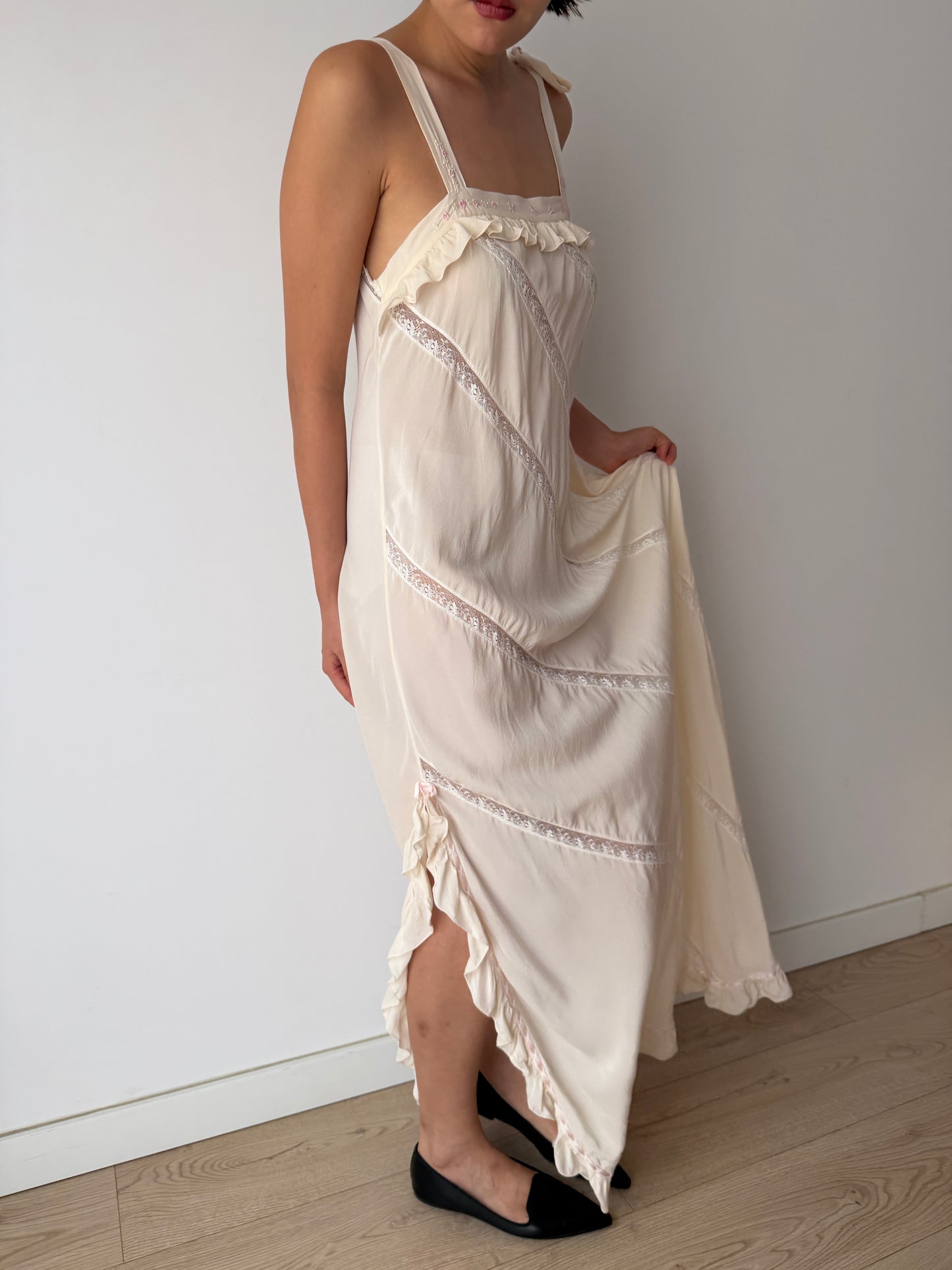 Vintage Florentine Pure Silk Ruffled Lace Bridal Nightgown, Embroidered Vintage Maxi Dress