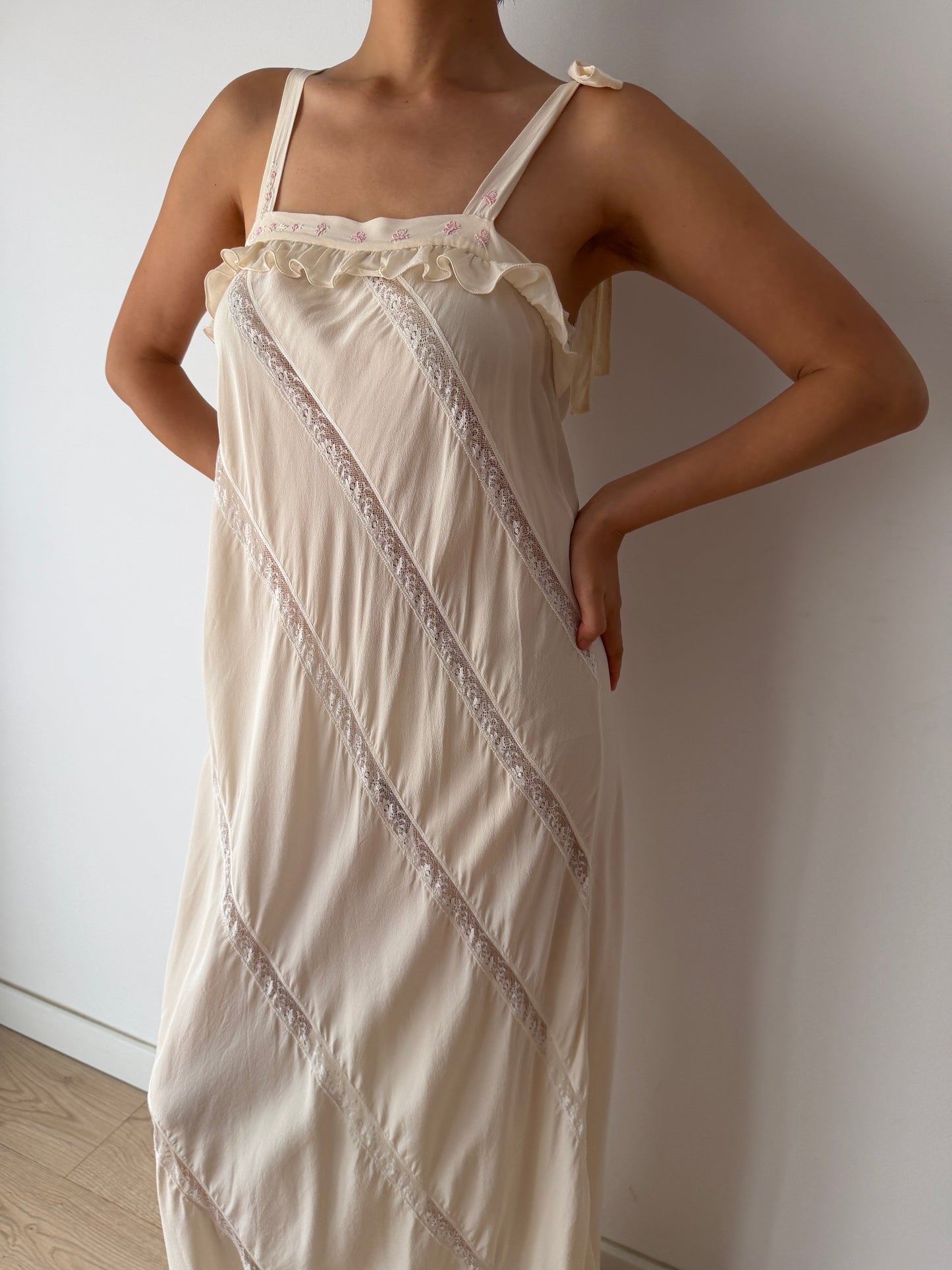 Vintage Florentine Pure Silk Ruffled Lace Bridal Nightgown, Embroidered Vintage Maxi Dress