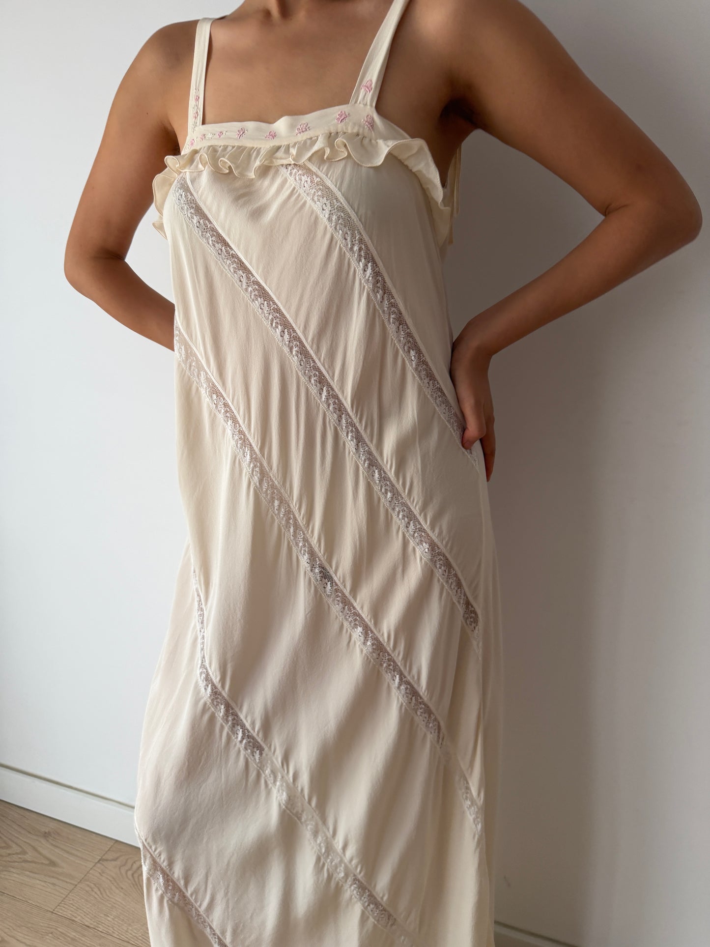 Vintage Florentine Pure Silk Ruffled Lace Bridal Nightgown, Embroidered Vintage Maxi Dress