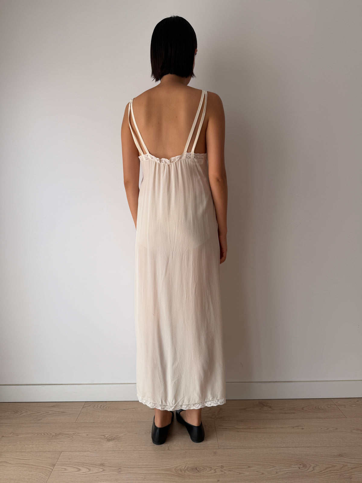 Vintage 100% Silk Lace Ribbon Maxi Bridal Dress | Double-Strap Romantic Antique Lace Gown