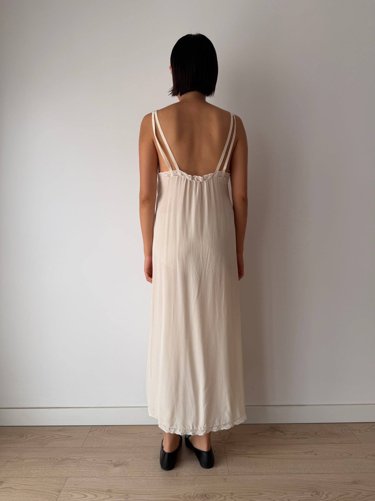 Vintage 100% Silk Lace Ribbon Maxi Bridal Dress | Double-Strap Romantic Antique Lace Gown