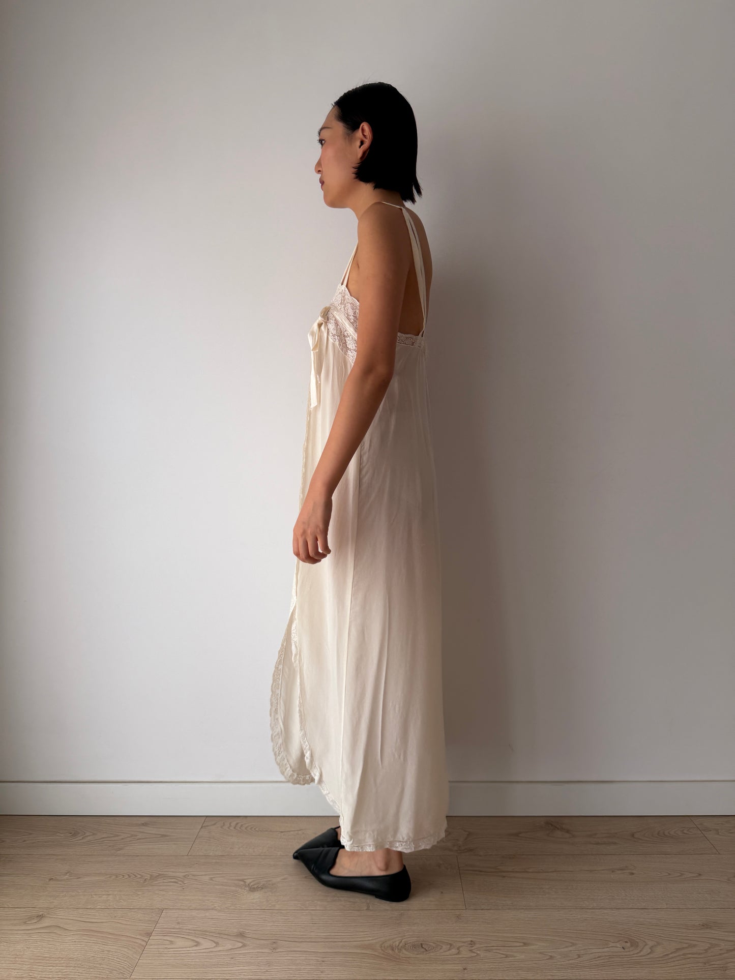 Vintage 100% Silk Lace Ribbon Maxi Bridal Dress | Double-Strap Romantic Antique Lace Gown