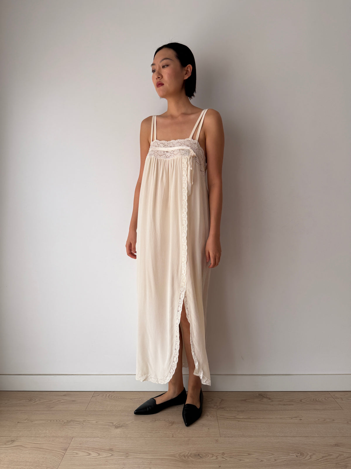 Vintage 100% Silk Lace Ribbon Maxi Bridal Dress | Double-Strap Romantic Antique Lace Gown