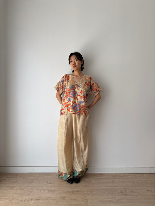 Rare 1920s 1930s Japanese Hand-Floral Painted Pure Silk Kimono Pajama 2-piece Set, Art Deco Romantic Top & Pants