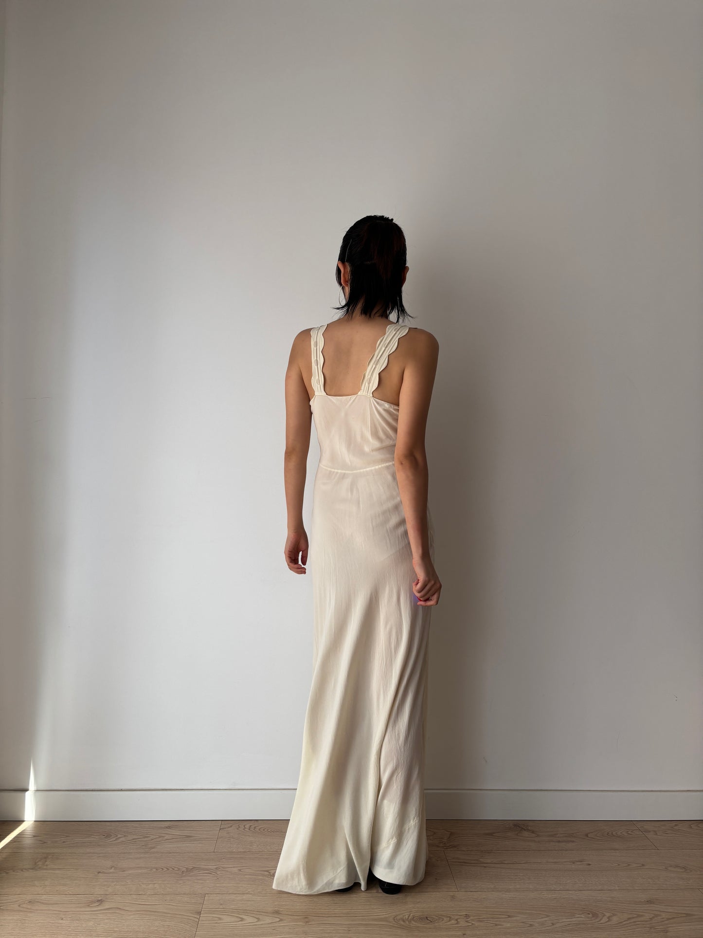 1930s Vintage Silk Crepe Nightgown, Antique Lace Embroidered Bias Cut Slip Dress