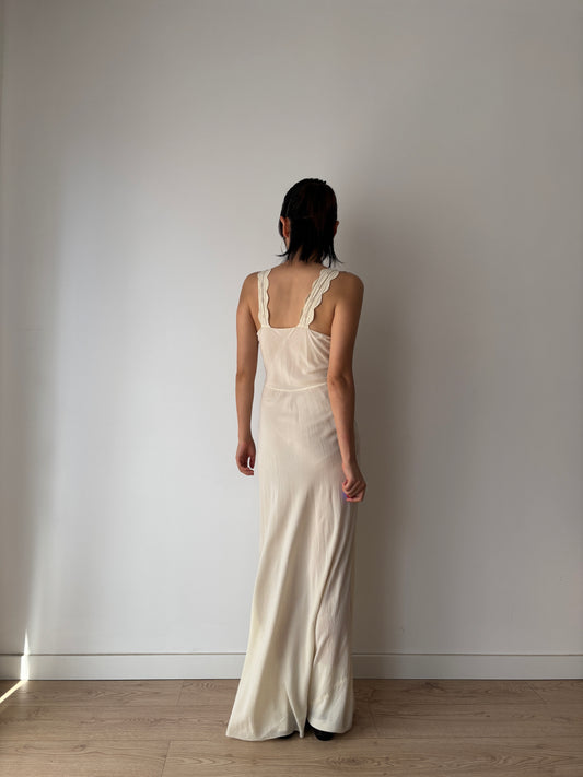 1930s Vintage Silk Crepe Nightgown, Antique Lace Embroidered Bias Cut Slip Dress