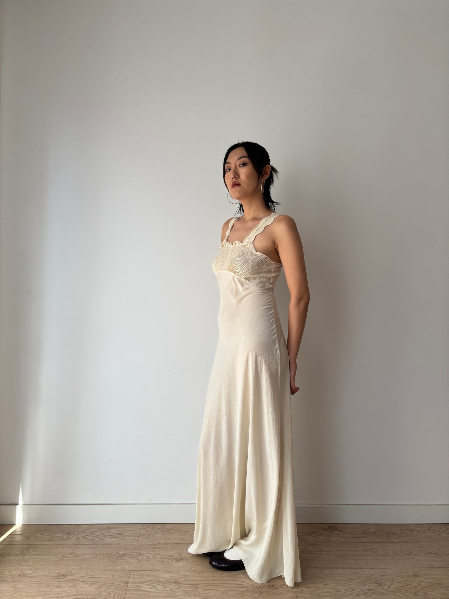 1930s Vintage Silk Crepe Nightgown, Antique Lace Embroidered Bias Cut Slip Dress