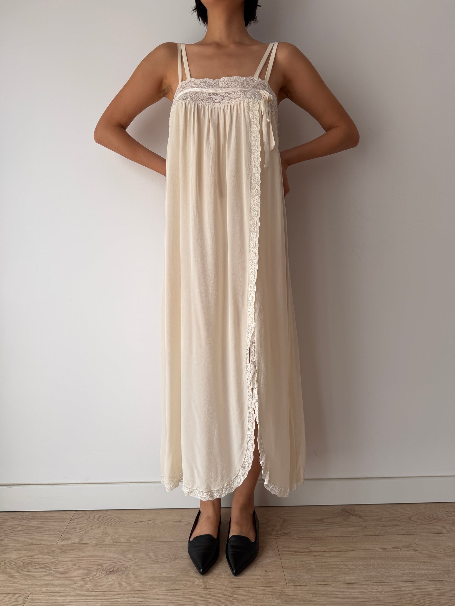 Vintage 100% Silk Lace Ribbon Maxi Bridal Dress | Double-Strap Romantic Antique Lace Gown