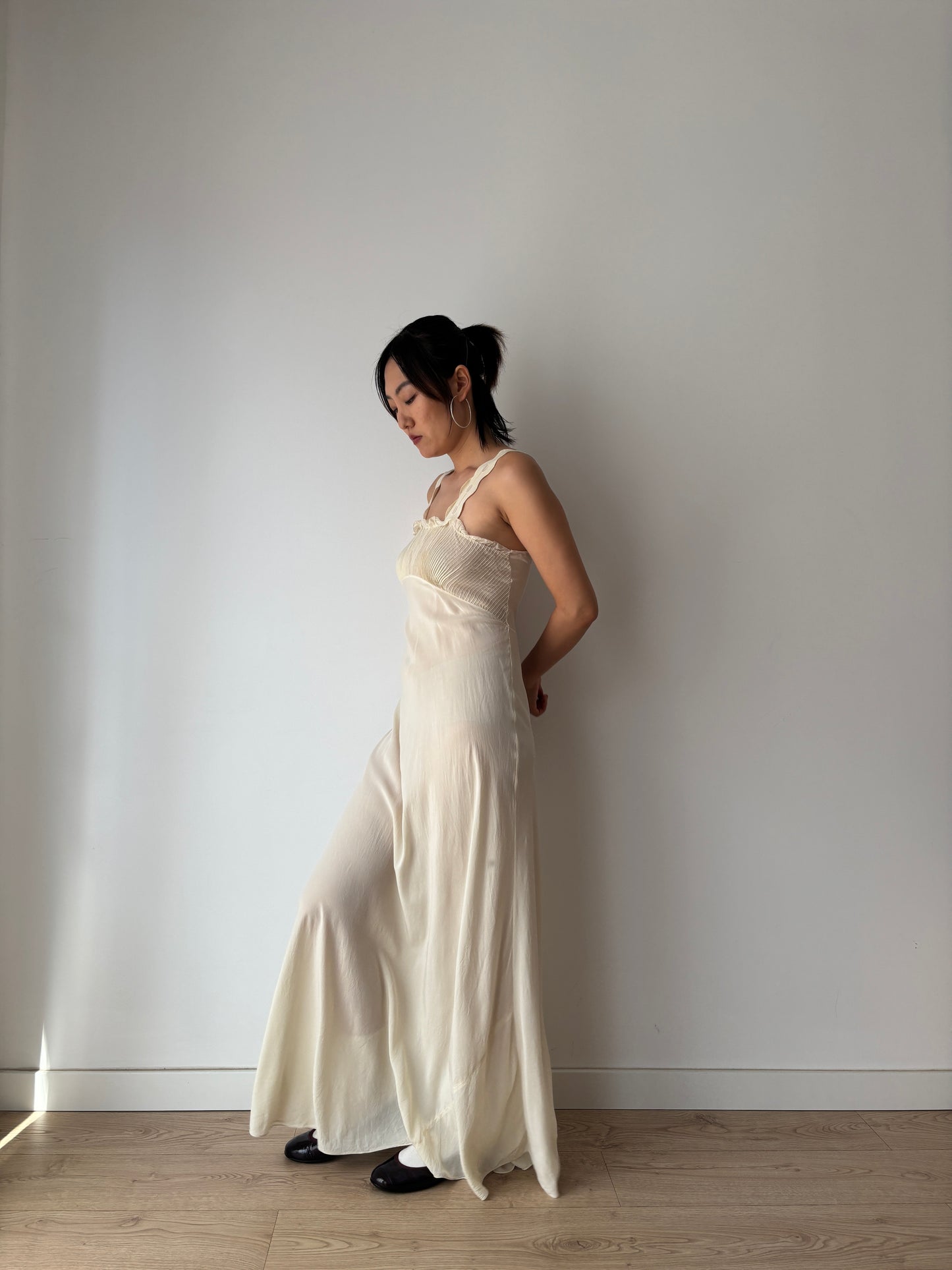 1930s Vintage Silk Crepe Nightgown, Antique Lace Embroidered Bias Cut Slip Dress