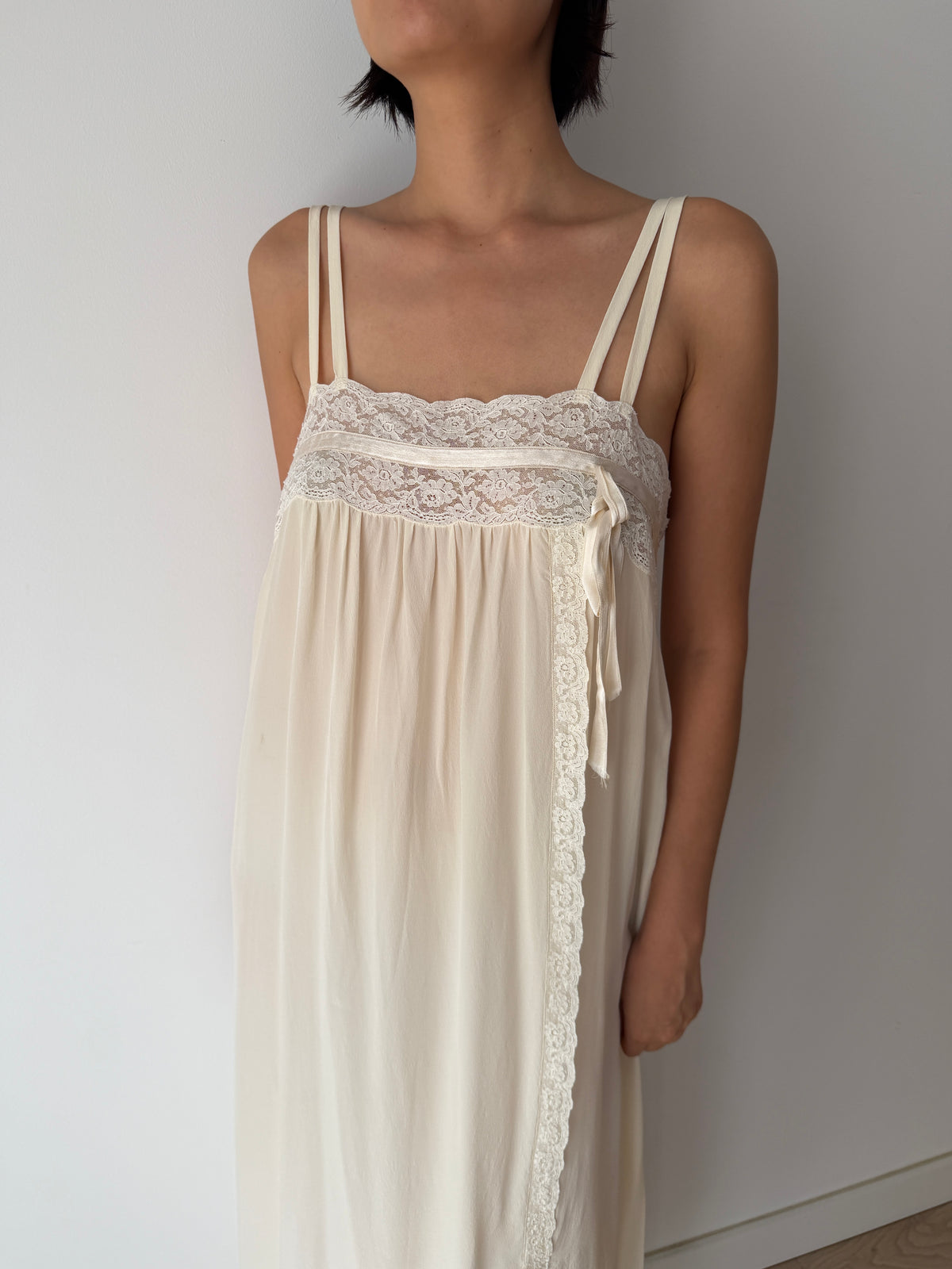 Vintage 100% Silk Lace Ribbon Maxi Bridal Dress | Double-Strap Romantic Antique Lace Gown
