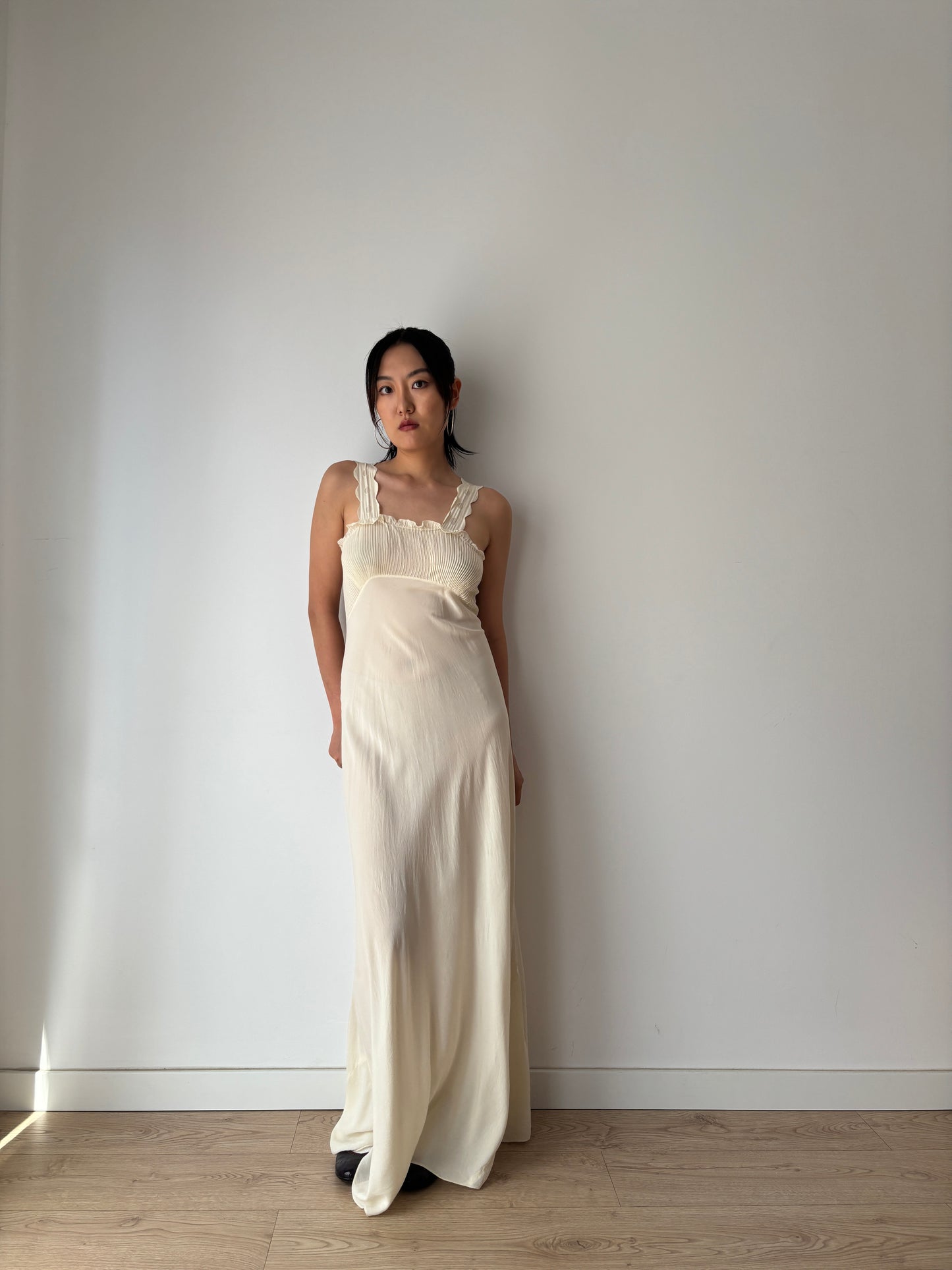 1930s Vintage Silk Crepe Nightgown, Antique Lace Embroidered Bias Cut Slip Dress