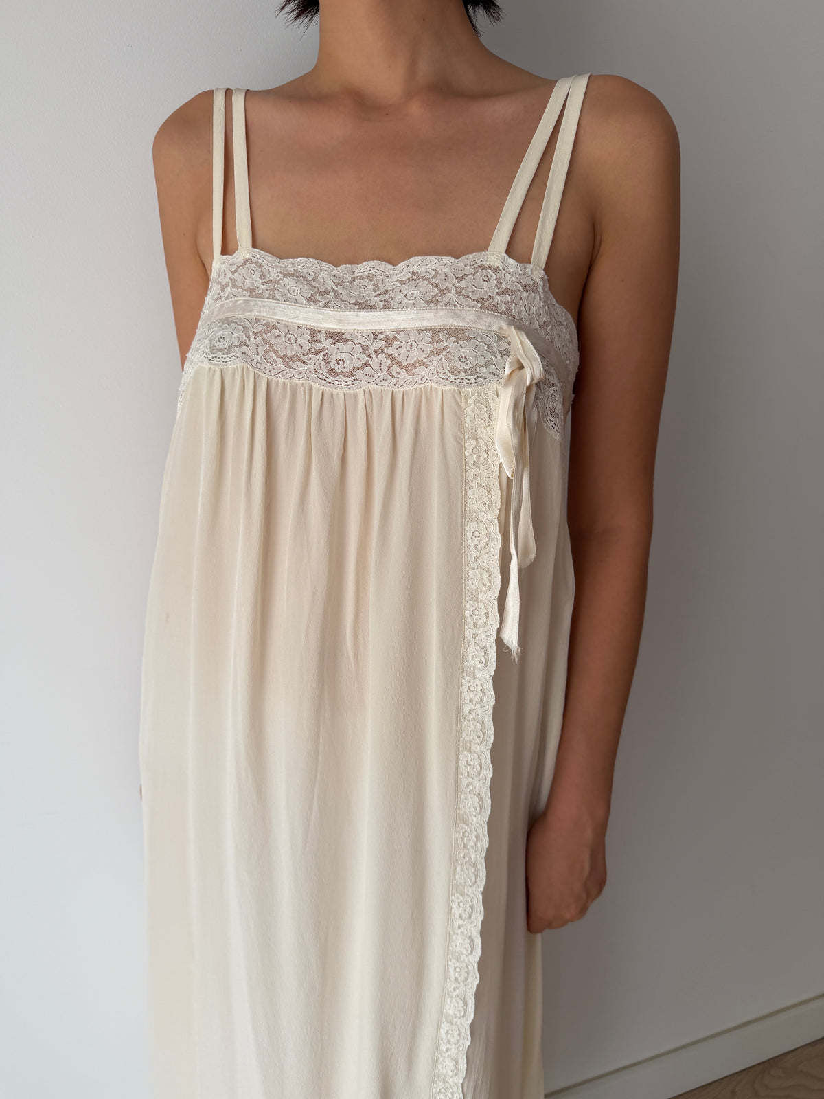 Vintage 100% Silk Lace Ribbon Maxi Bridal Dress | Double-Strap Romantic Antique Lace Gown