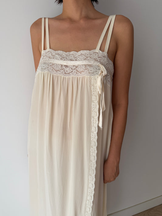Vintage 100% Silk Lace Ribbon Maxi Bridal Dress | Double-Strap Romantic Antique Lace Gown