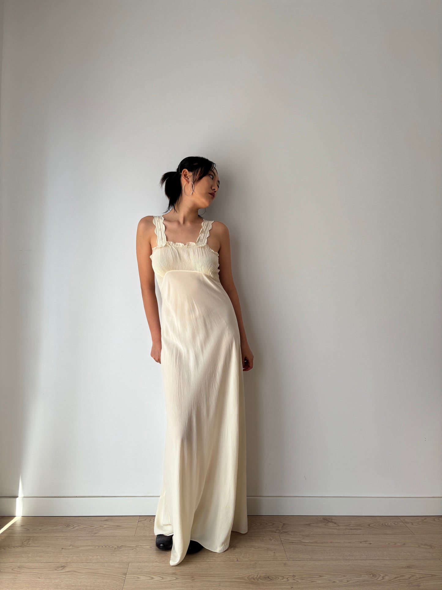 1930s Vintage Silk Crepe Nightgown, Antique Lace Embroidered Bias Cut Slip Dress