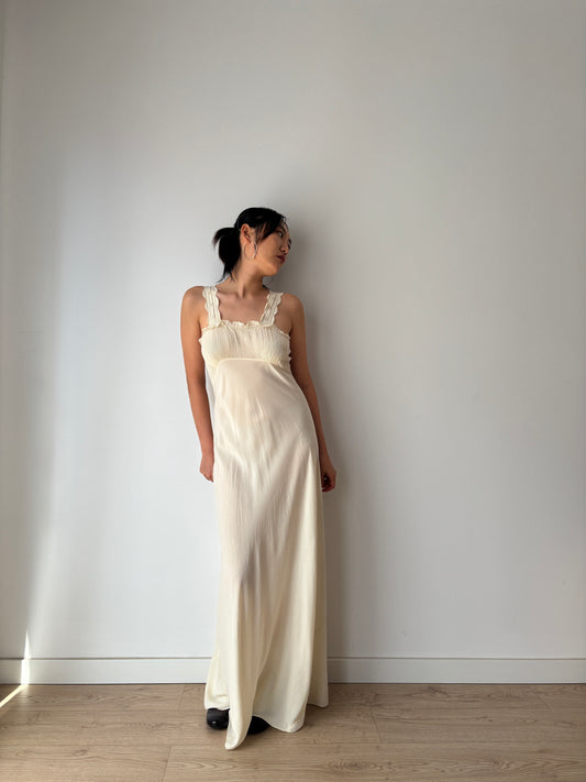 1930s Vintage Silk Crepe Nightgown, Antique Lace Embroidered Bias Cut Slip Dress