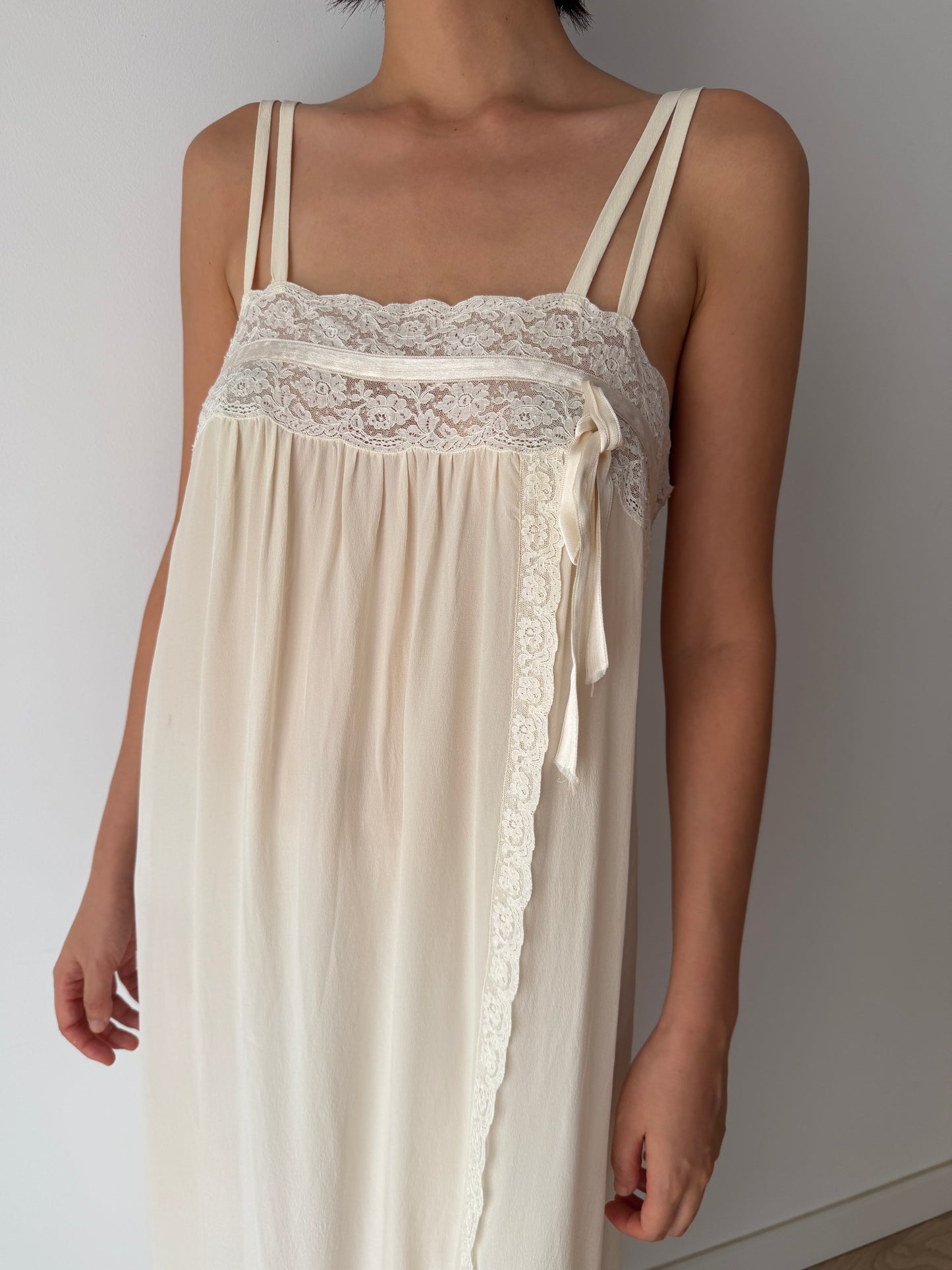 Vintage 100% Silk Lace Ribbon Maxi Bridal Dress | Double-Strap Romantic Antique Lace Gown