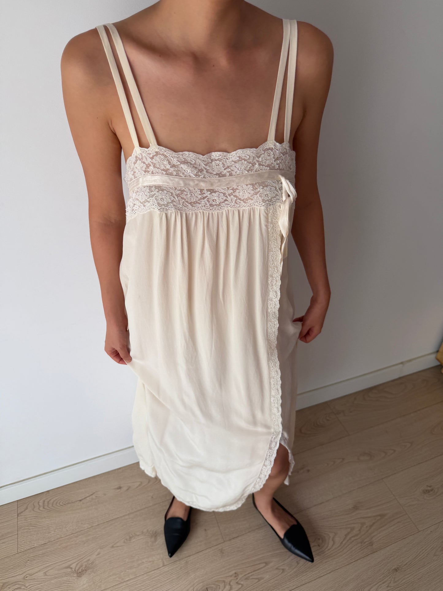 Vintage 100% Silk Lace Ribbon Maxi Bridal Dress | Double-Strap Romantic Antique Lace Gown