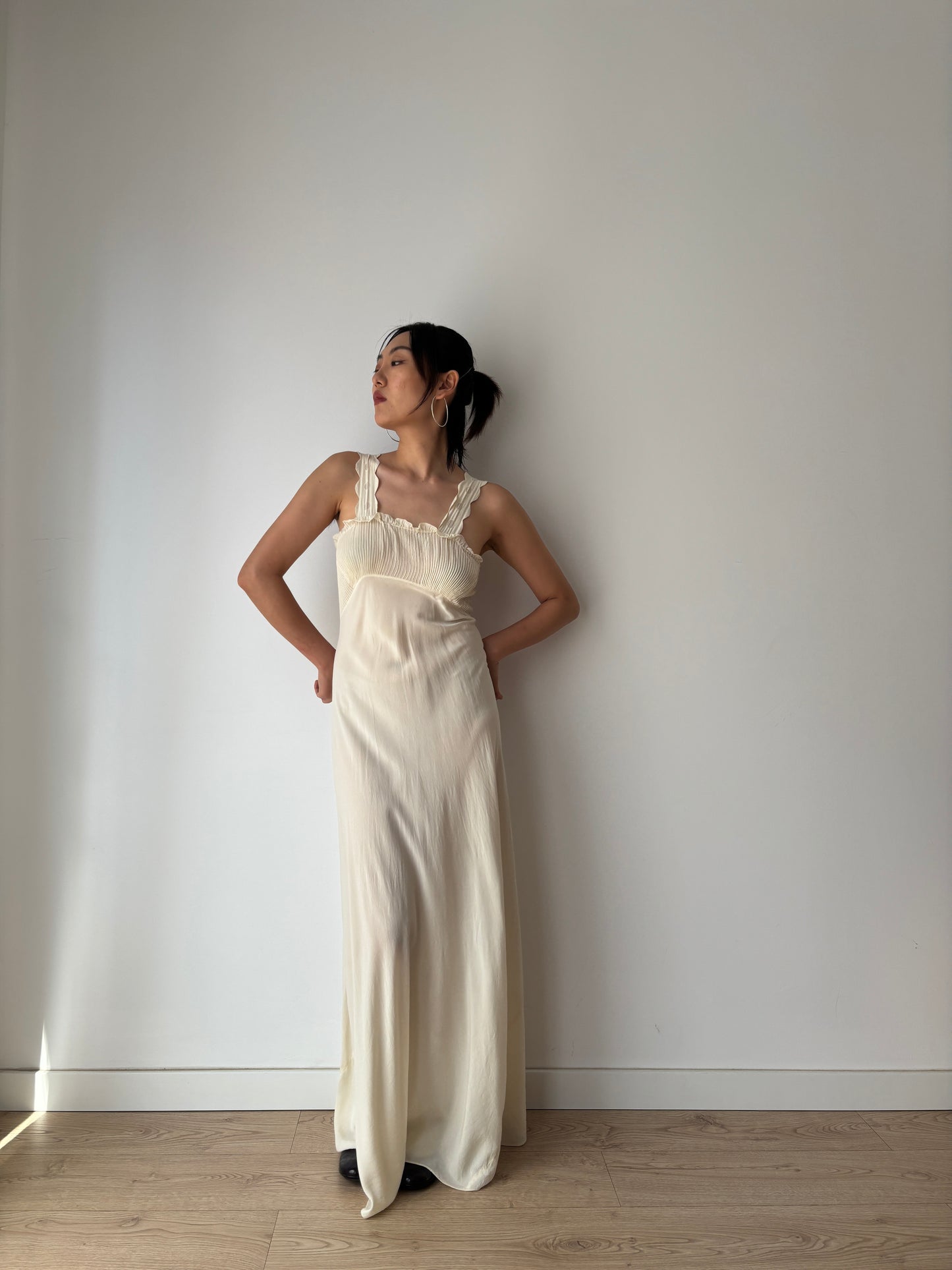 1930s Vintage Silk Crepe Nightgown, Antique Lace Embroidered Bias Cut Slip Dress