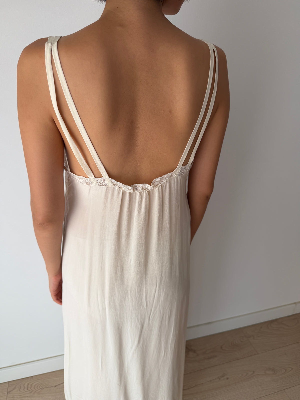 Vintage 100% Silk Lace Ribbon Maxi Bridal Dress | Double-Strap Romantic Antique Lace Gown