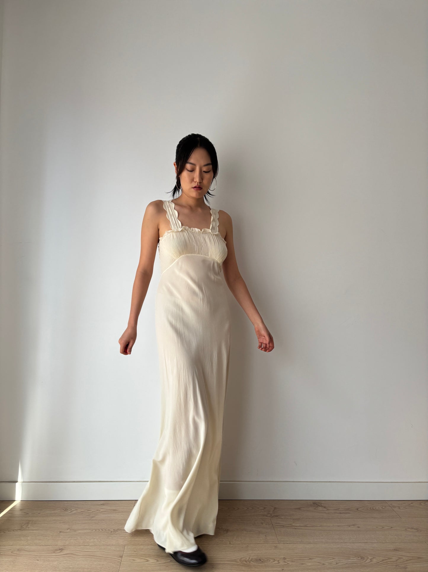 1930s Vintage Silk Crepe Nightgown, Antique Lace Embroidered Bias Cut Slip Dress