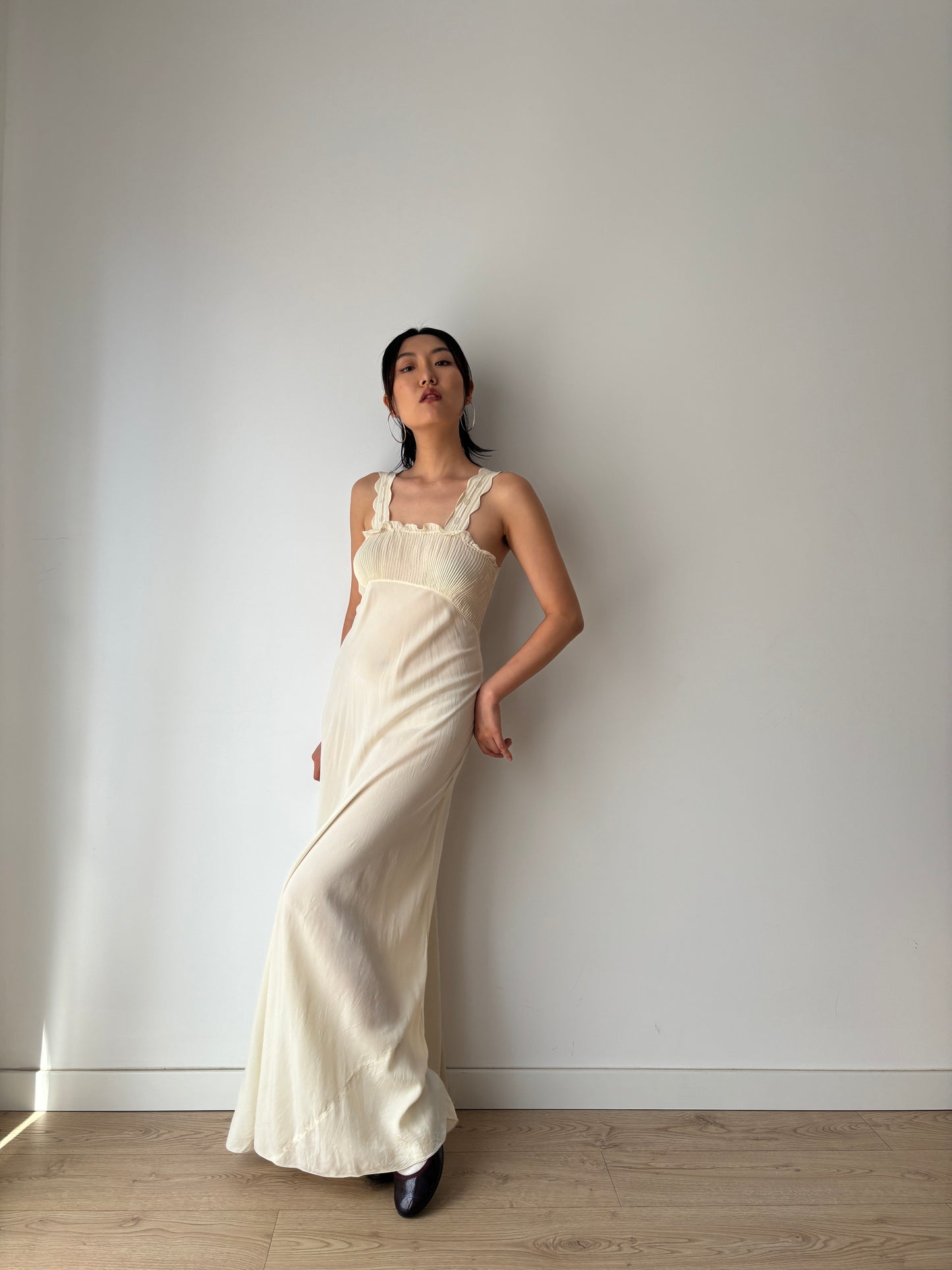 1930s Vintage Silk Crepe Nightgown, Antique Lace Embroidered Bias Cut Slip Dress