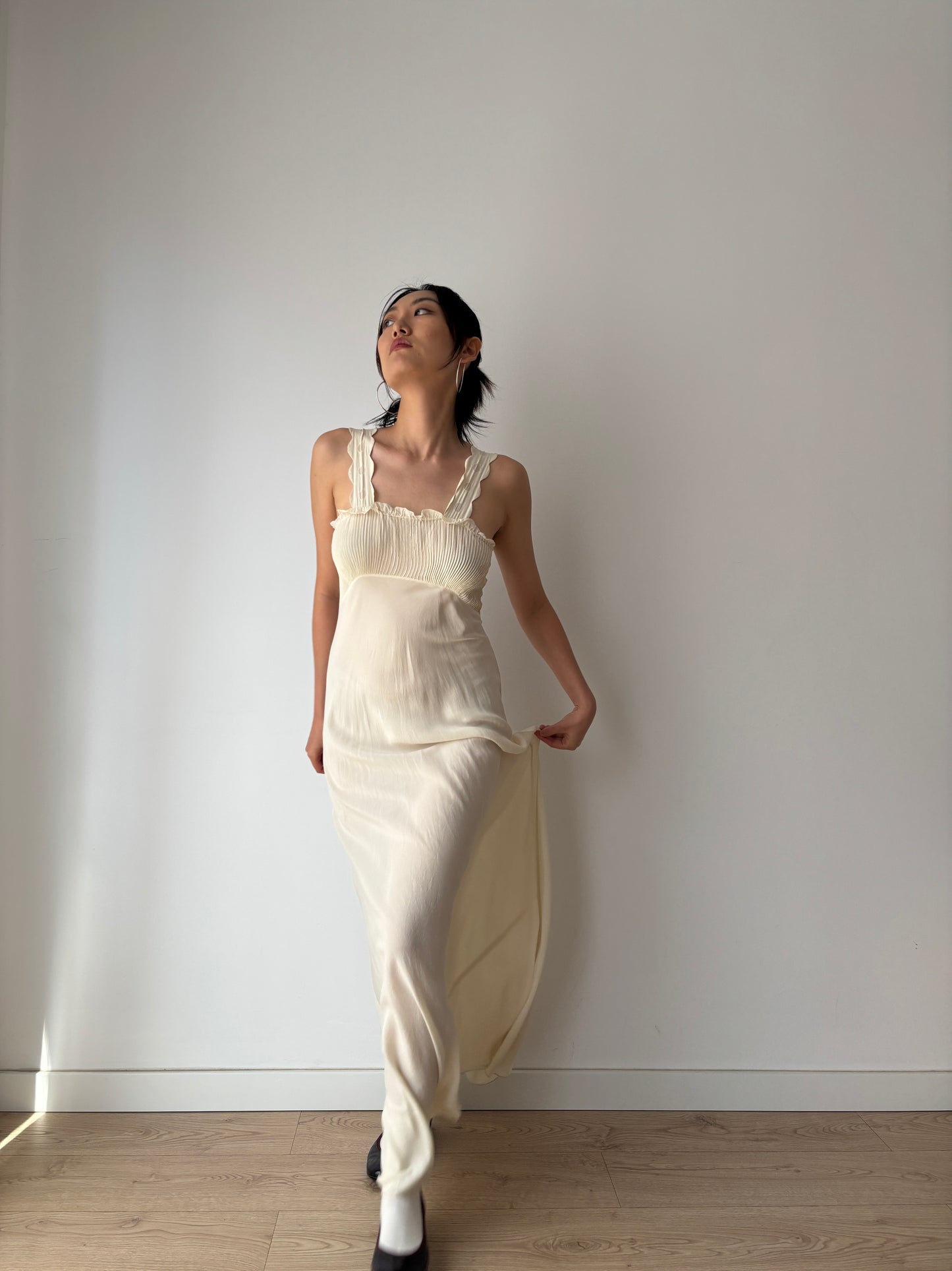 1930s Vintage Silk Crepe Nightgown, Antique Lace Embroidered Bias Cut Slip Dress