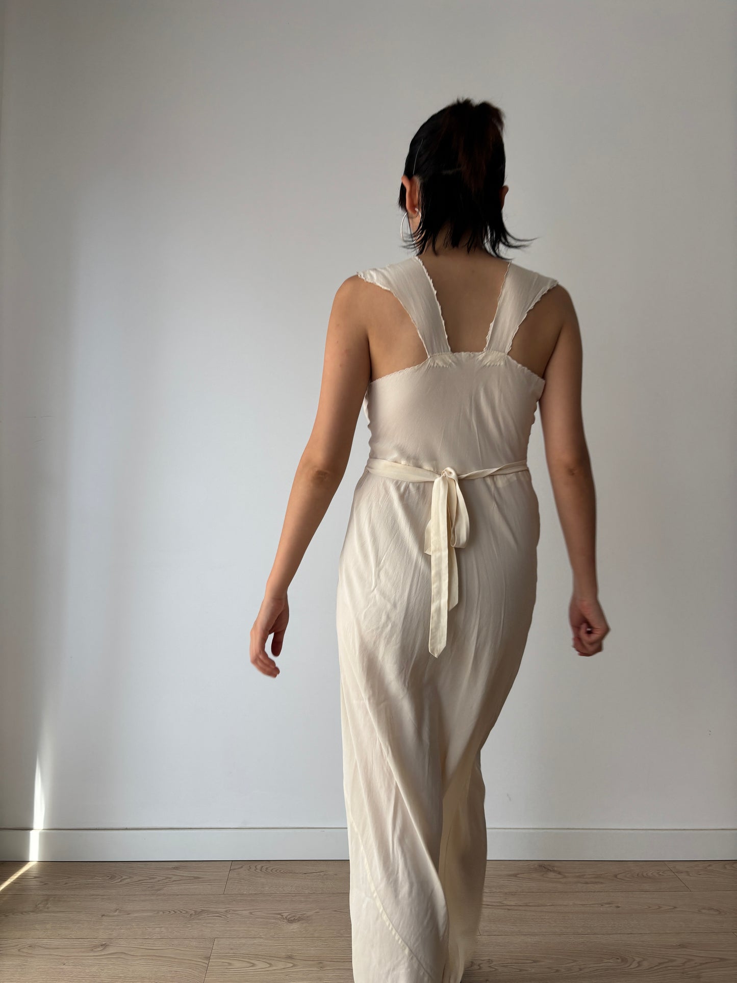 1930s Antique Silk Floral Lace Bias Cut Negligee, French Embroidered Nightgown