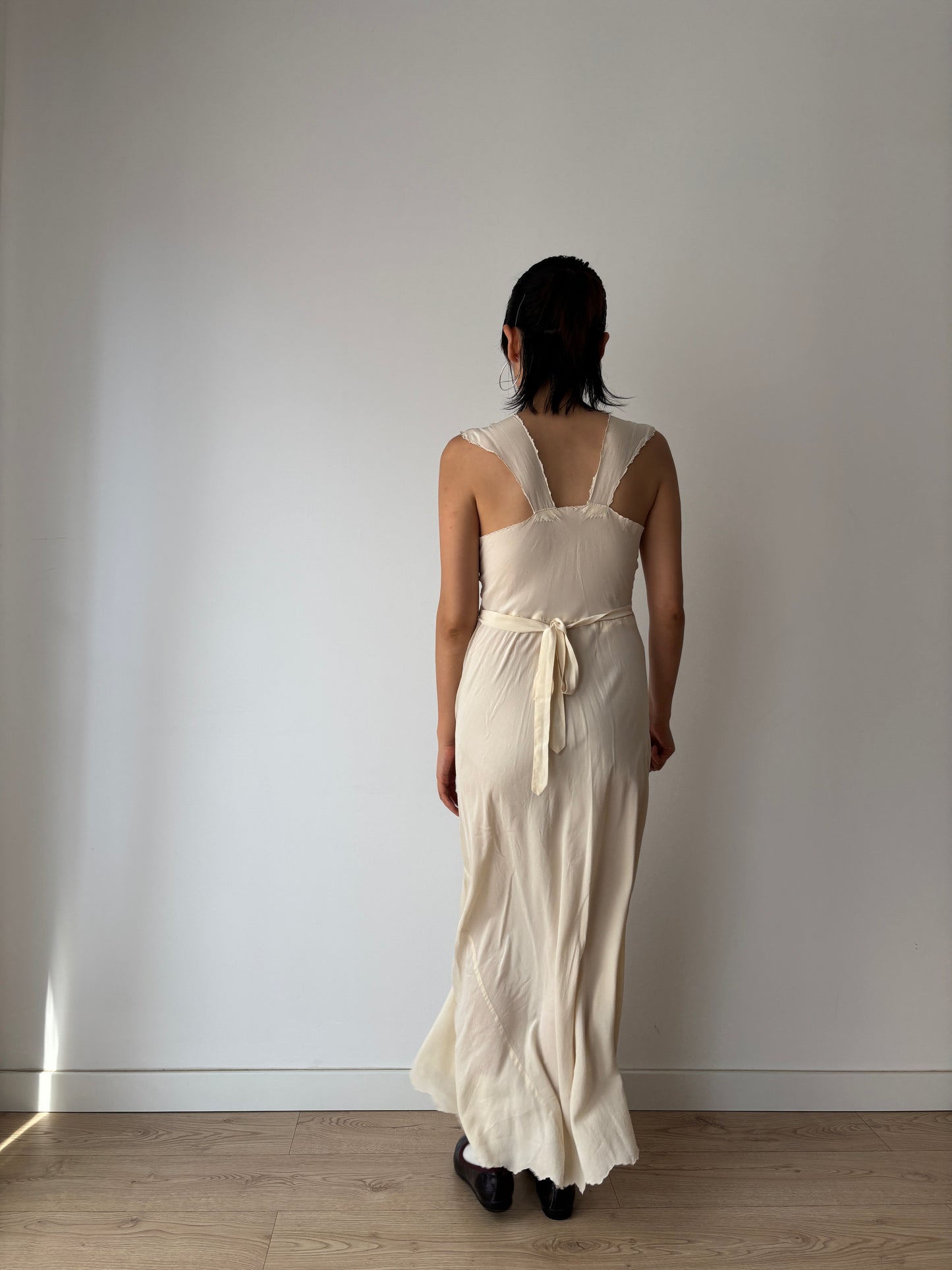 1930s Antique Silk Floral Lace Bias Cut Negligee, French Embroidered Nightgown