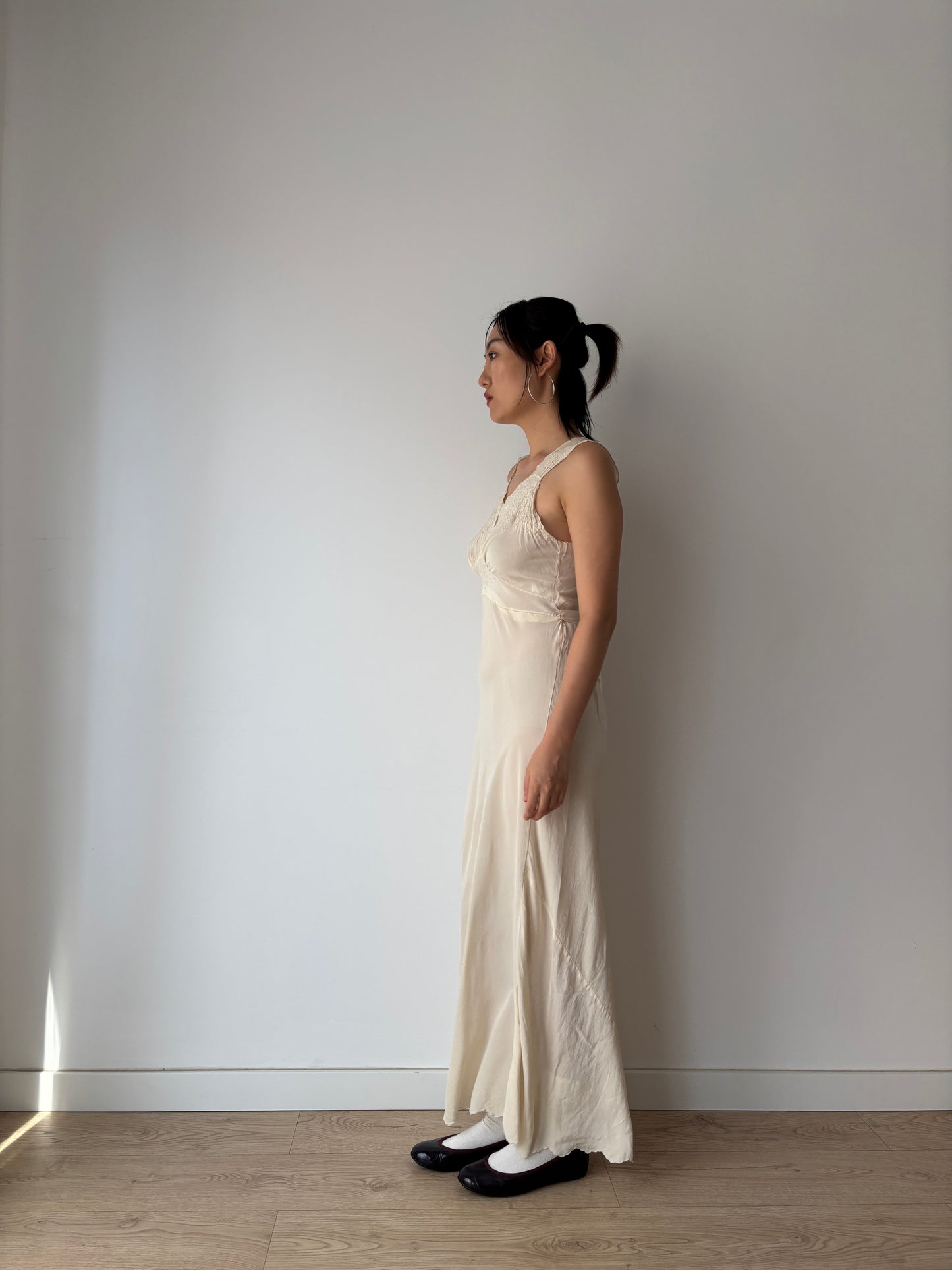 1930s Antique Silk Floral Lace Bias Cut Negligee, French Embroidered Nightgown