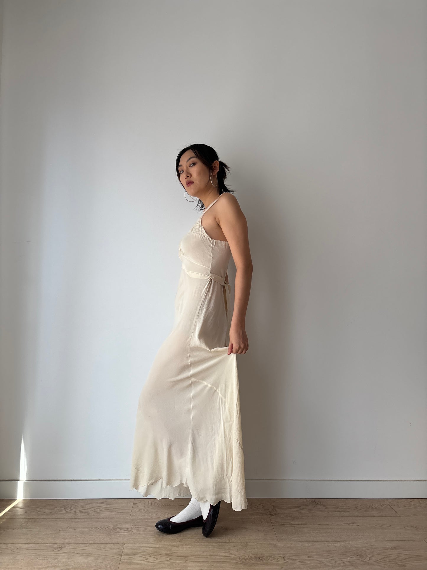 1930s Antique Silk Floral Lace Bias Cut Negligee, French Embroidered Nightgown