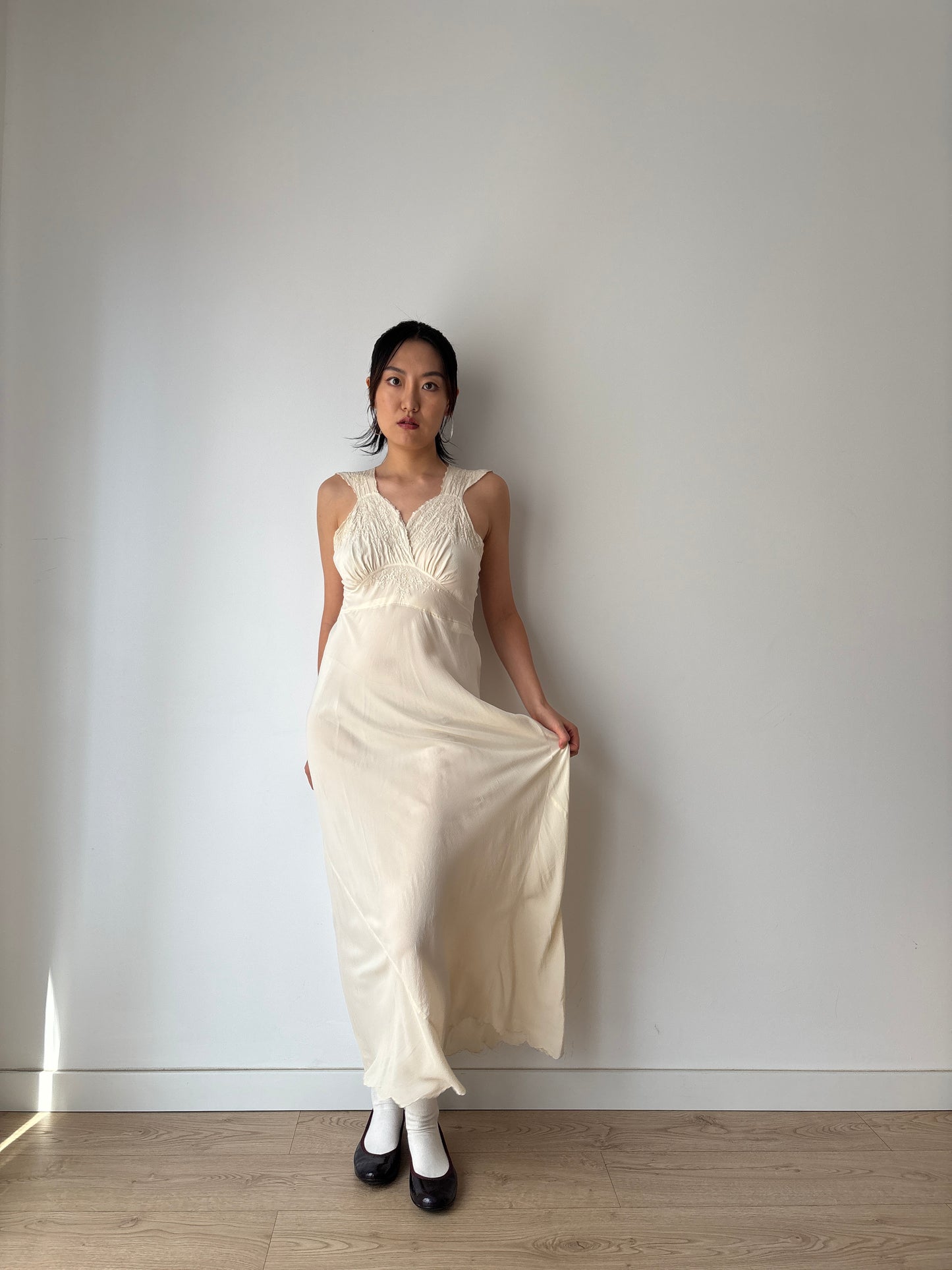 1930s Antique Silk Floral Lace Bias Cut Negligee, French Embroidered Nightgown