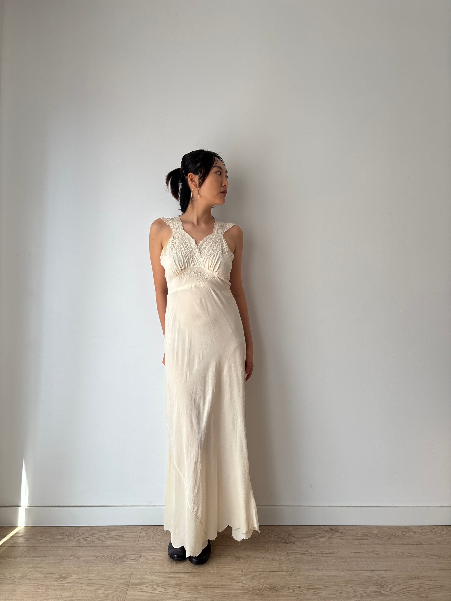 1930s Antique Silk Floral Lace Bias Cut Negligee, French Embroidered Nightgown