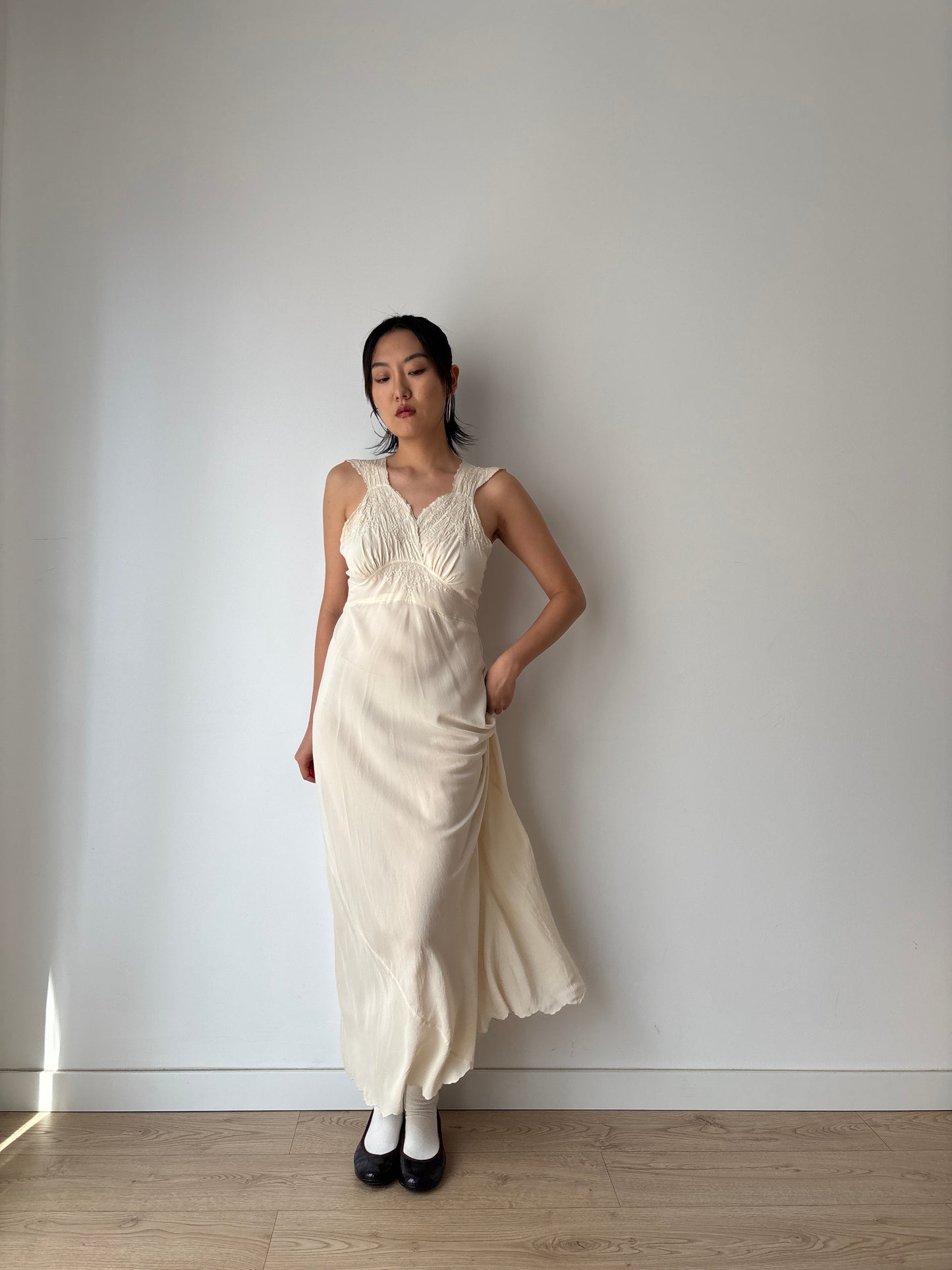 1930s Antique Silk Floral Lace Bias Cut Negligee, French Embroidered Nightgown