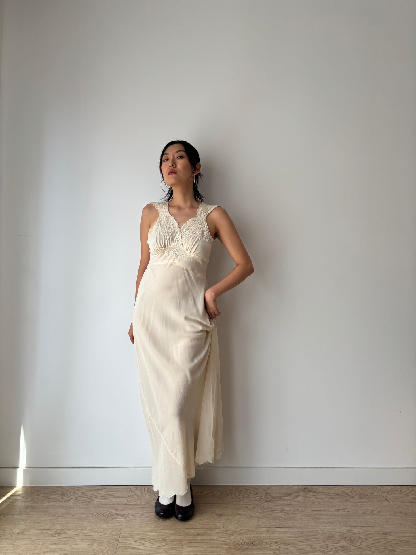 1930s Antique Silk Floral Lace Bias Cut Negligee, French Embroidered Nightgown