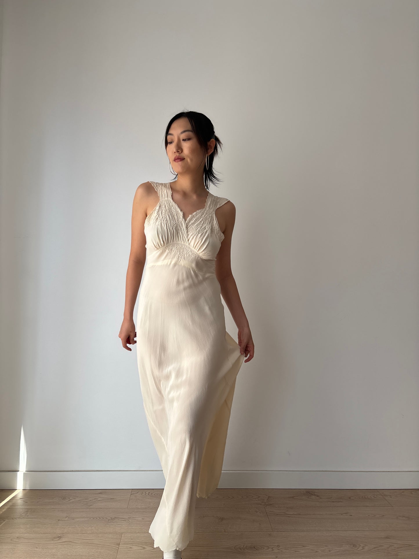 1930s Antique Silk Floral Lace Bias Cut Negligee, French Embroidered Nightgown