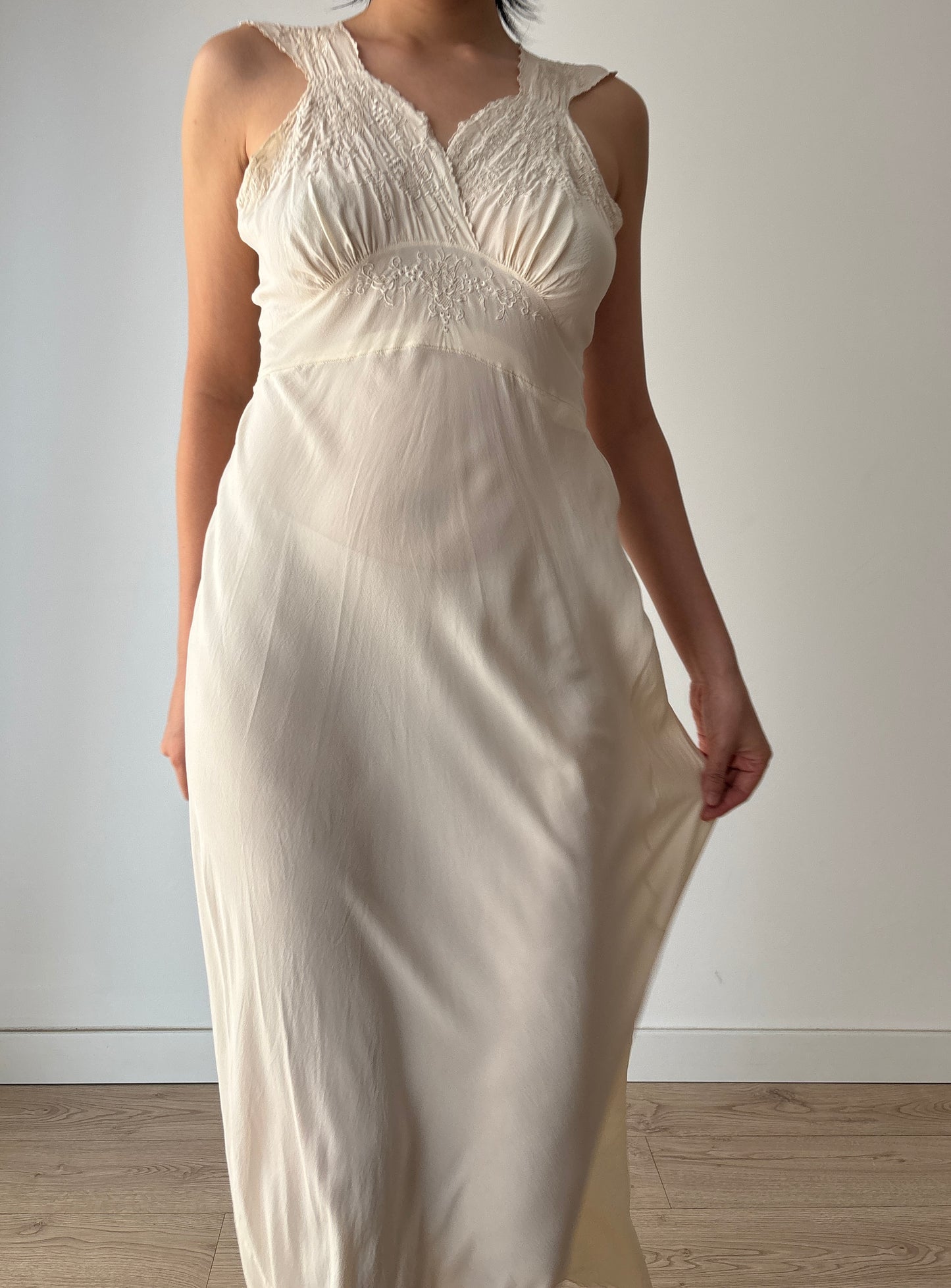 1930s Antique Silk Floral Lace Bias Cut Negligee, French Embroidered Nightgown