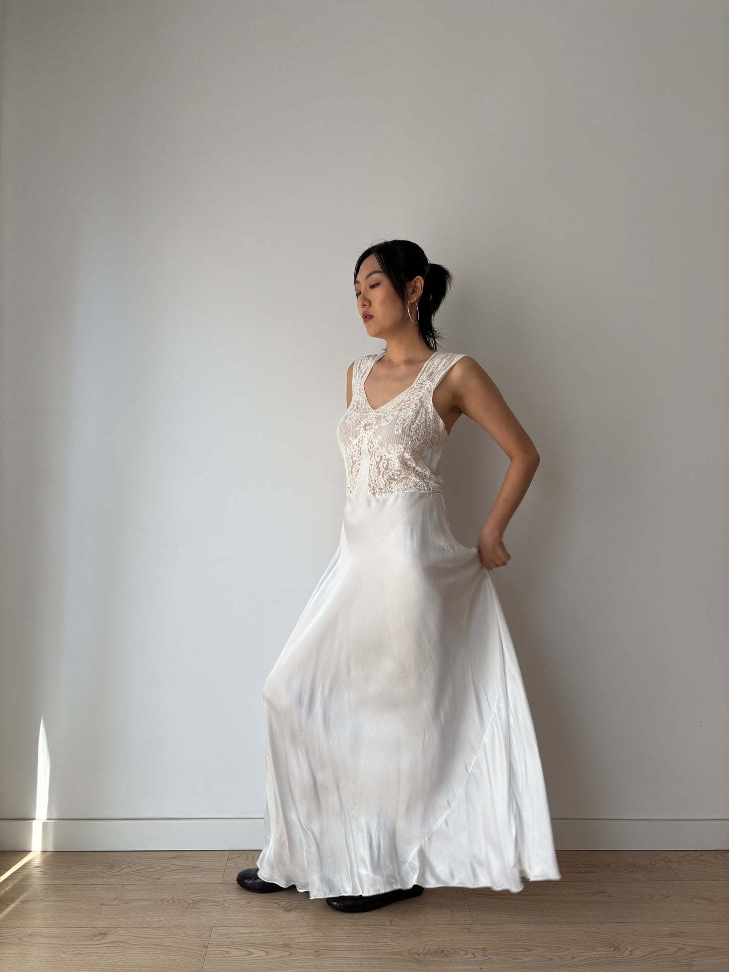 1930s Antique Bridal Silk Satin Dress, French Lace Embroidered Maxi Dress