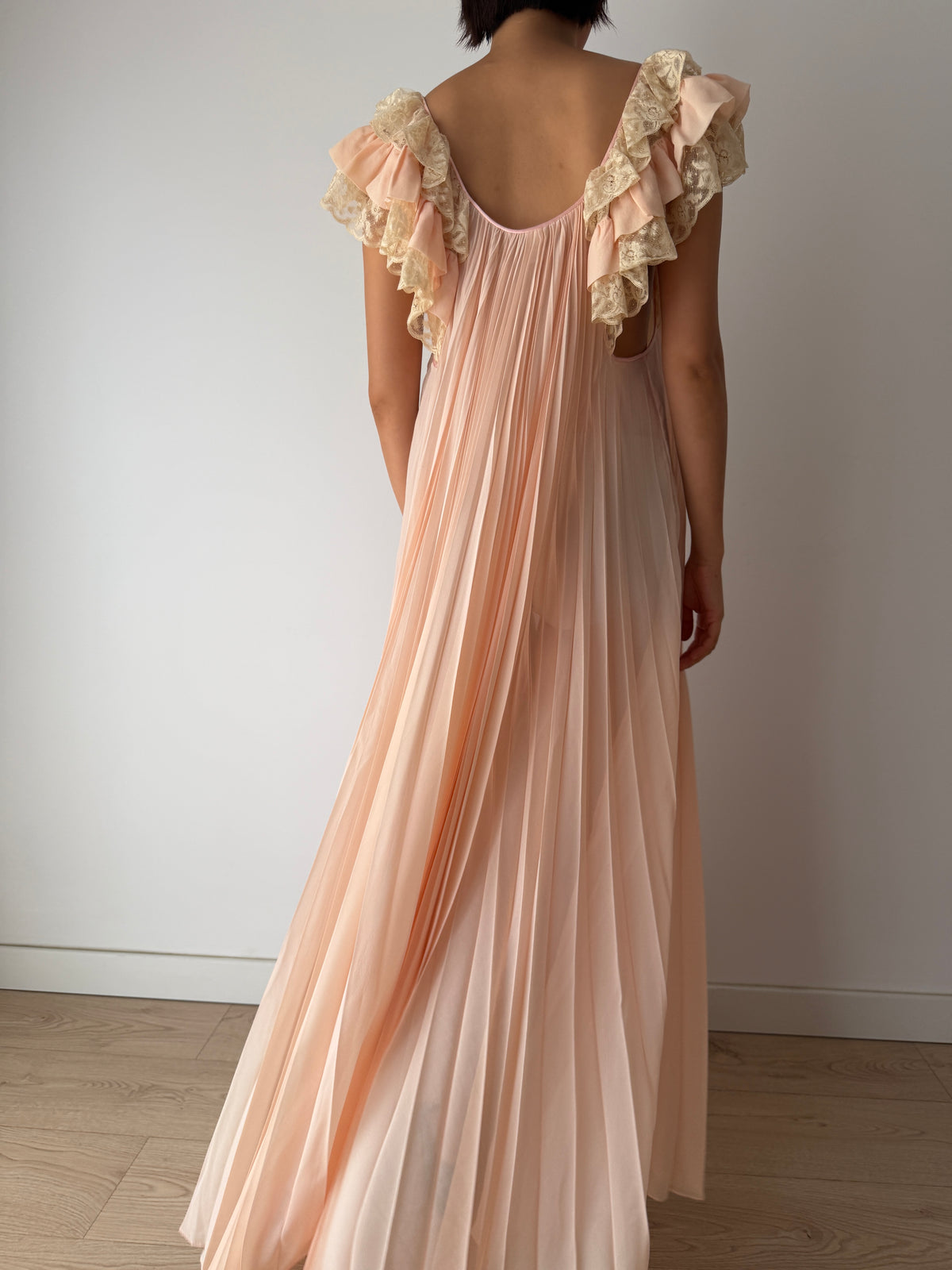Vintage Peach Pure Silk Heavy Lace Nightgown With Rose, Florentine Floral Romantic Maxi Dress