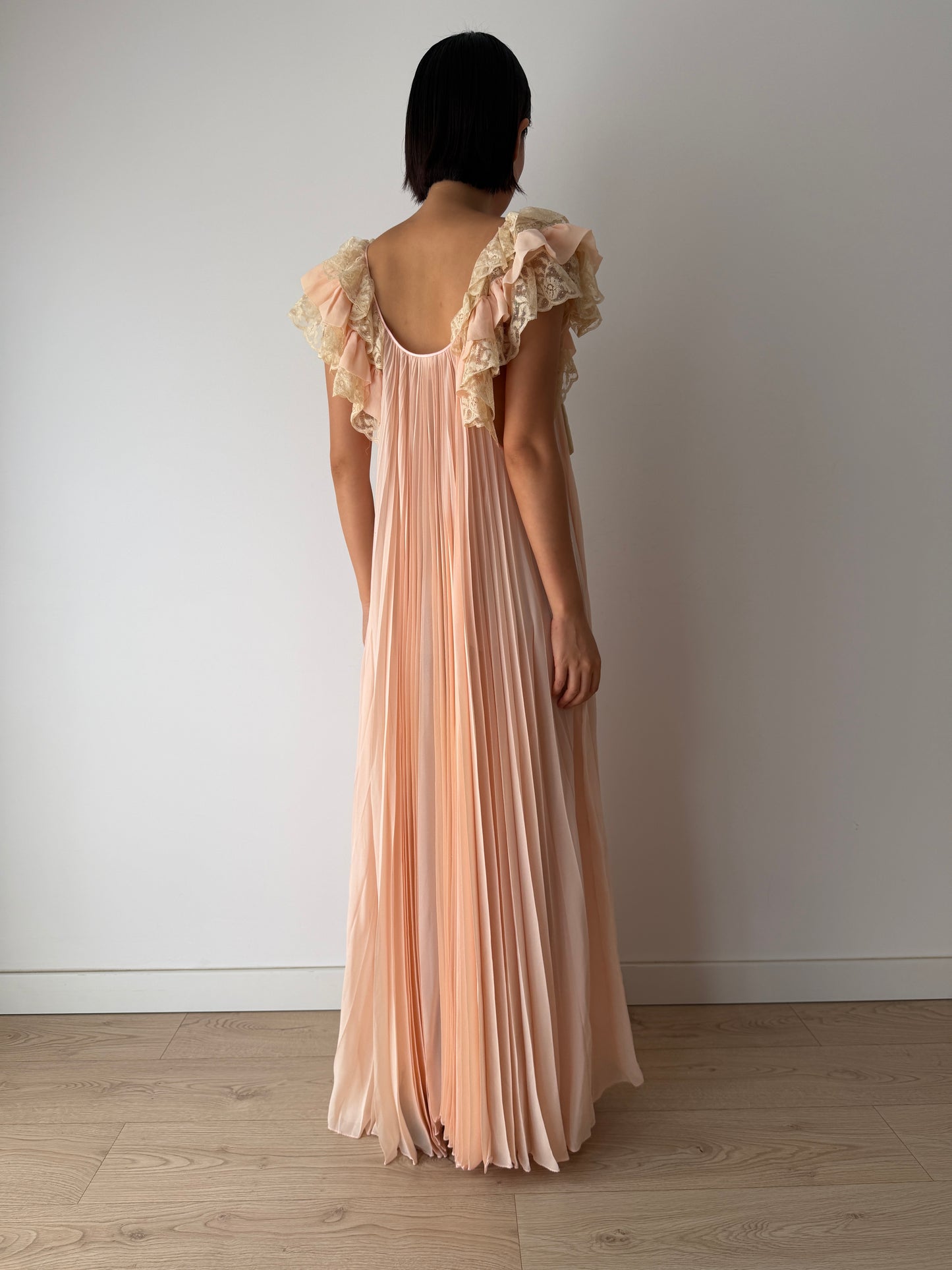 Vintage Peach Pure Silk Heavy Lace Nightgown With Rose, Florentine Floral Romantic Maxi Dress