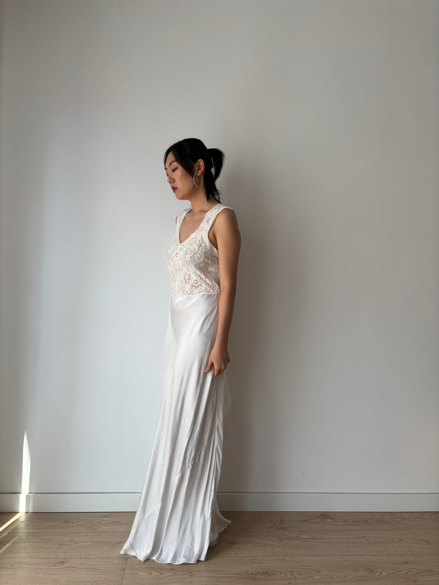 1930s Antique Bridal Silk Satin Dress, French Lace Embroidered Maxi Dress