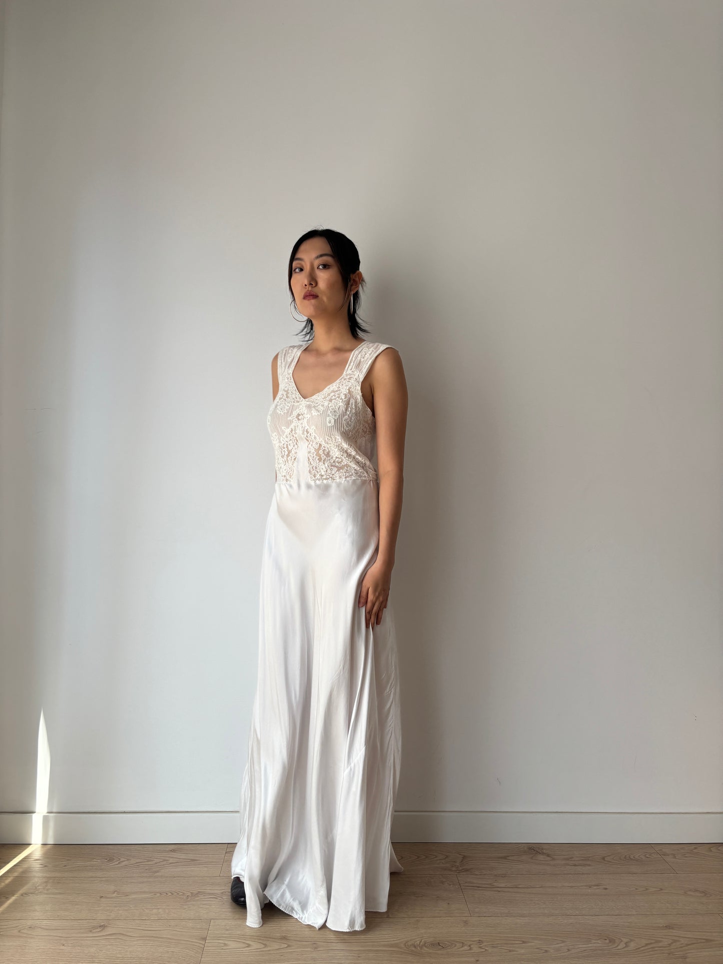 1930s Antique Bridal Silk Satin Dress, French Lace Embroidered Maxi Dress