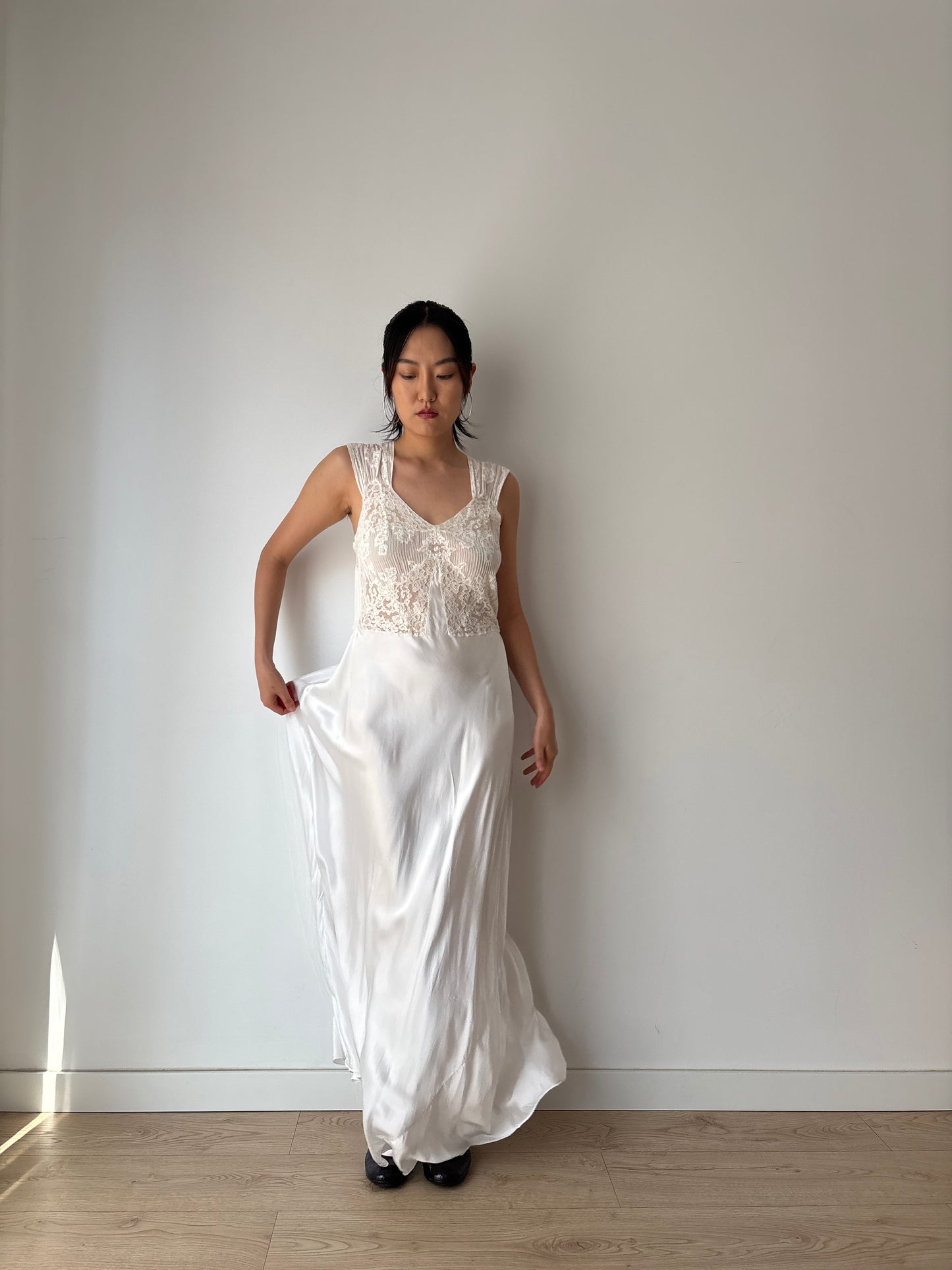 1930s Antique Bridal Silk Satin Dress, French Lace Embroidered Maxi Dress